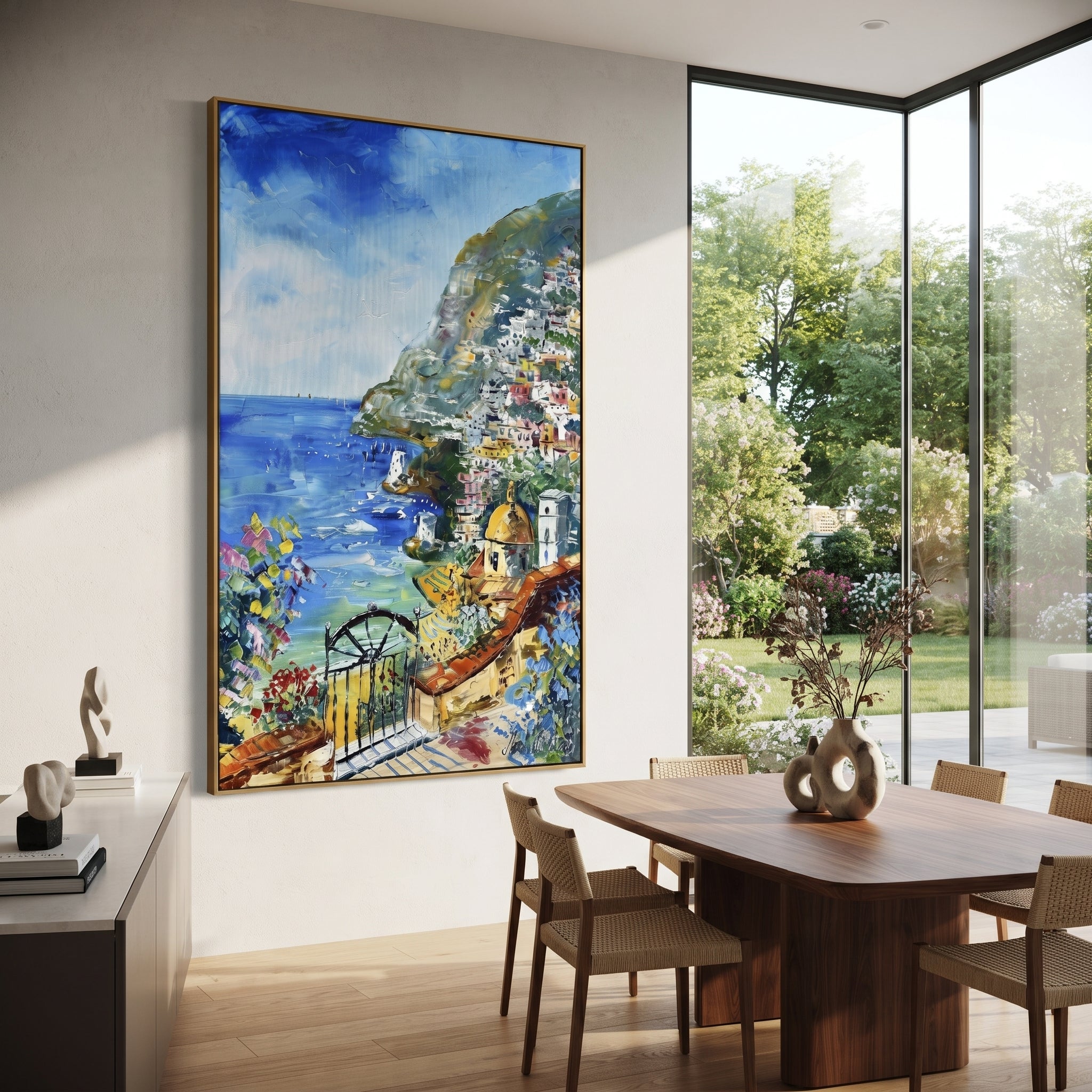 "Mountain Coast Harbor Painting" focuses on atmosphere, surface movement, and sculptural heavy impasto craftsmanship rather than a fixed literal storyline. The composition uses this hand-painted Mediterranean canvas features coastal mountains, small village rooftops, winding shore, blue bay and garden accents, built with raised palette-knife texture, layered brushwork, and luminous coastal color as the visual anchor, while layered palette-knife paint, raised plaster-like texture, and softened