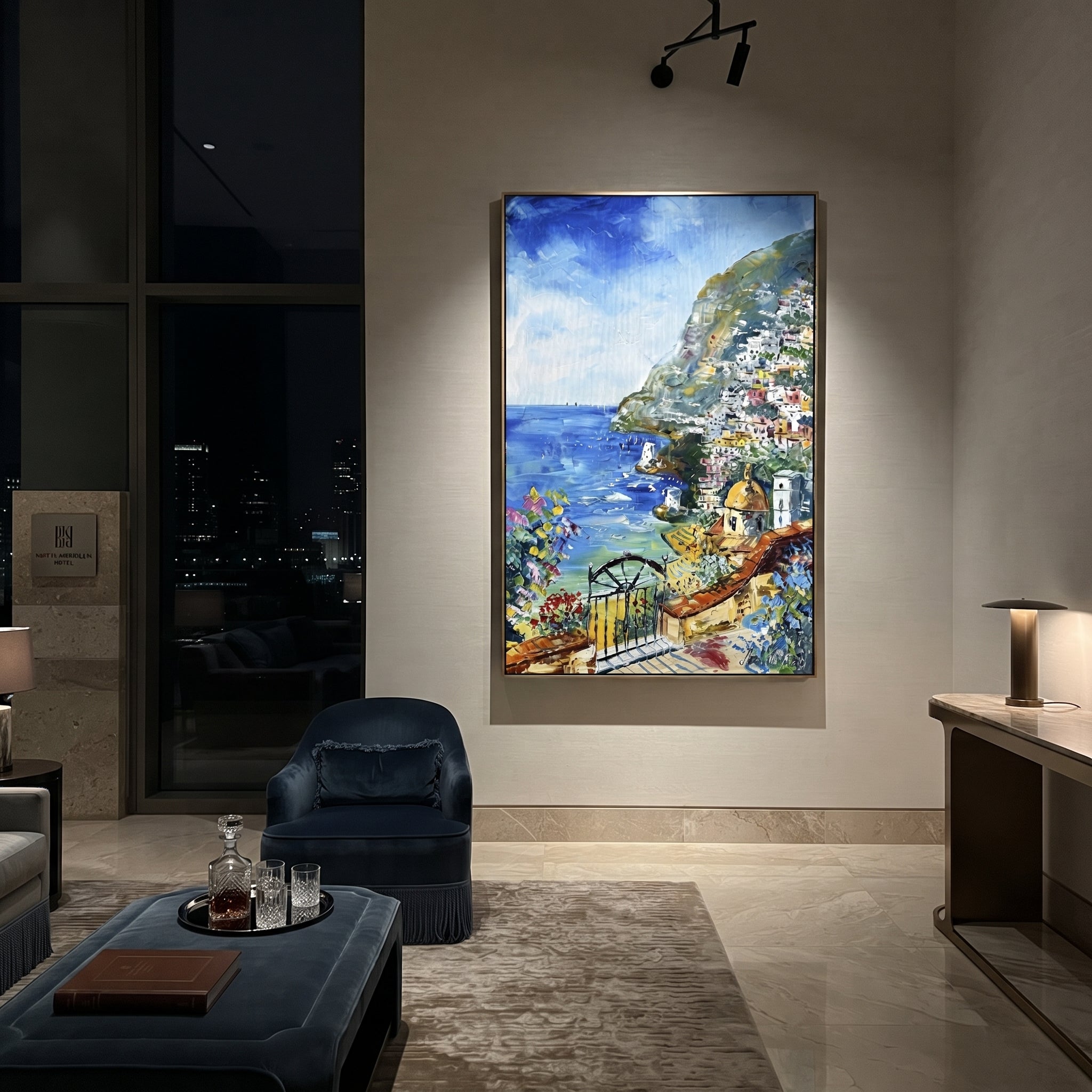 "Mountain Coast Harbor Painting" focuses on atmosphere, surface movement, and sculptural heavy impasto craftsmanship rather than a fixed literal storyline. The composition uses this hand-painted Mediterranean canvas features coastal mountains, small village rooftops, winding shore, blue bay and garden accents, built with raised palette-knife texture, layered brushwork, and luminous coastal color as the visual anchor, while layered palette-knife paint, raised plaster-like texture, and softened