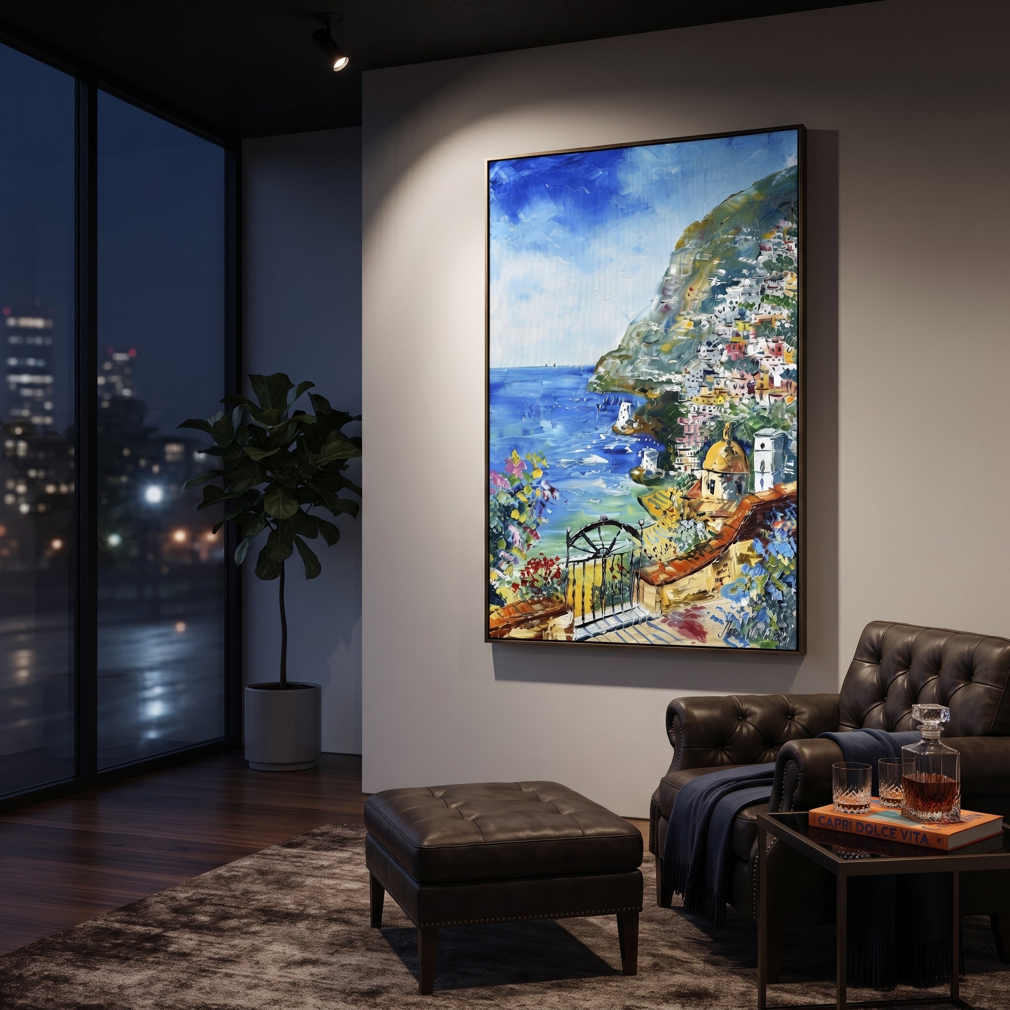 "Mountain Coast Harbor Painting" focuses on atmosphere, surface movement, and sculptural heavy impasto craftsmanship rather than a fixed literal storyline. The composition uses this hand-painted Mediterranean canvas features coastal mountains, small village rooftops, winding shore, blue bay and garden accents, built with raised palette-knife texture, layered brushwork, and luminous coastal color as the visual anchor, while layered palette-knife paint, raised plaster-like texture, and softened