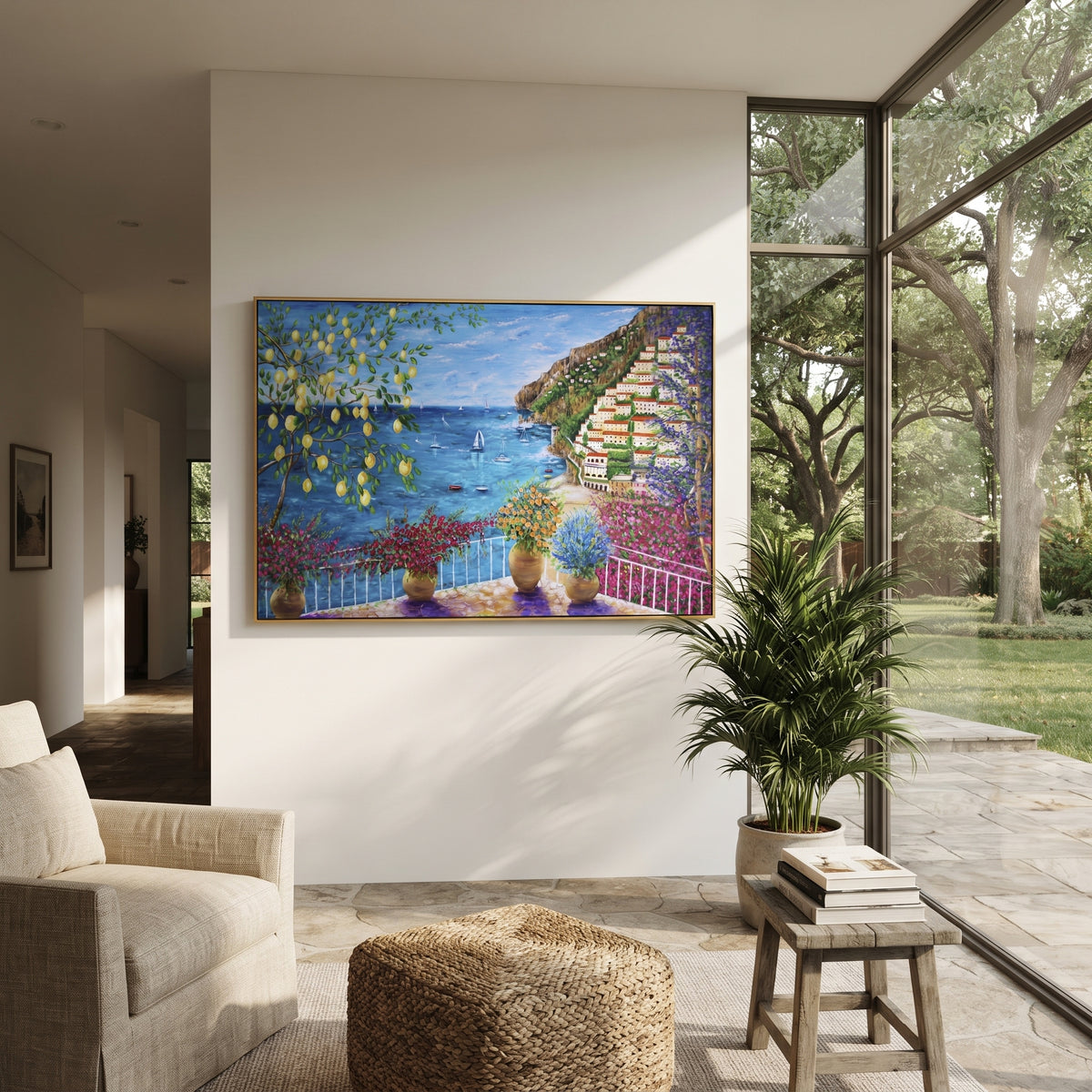 "Sunny Shutter Sea Painting" focuses on atmosphere, surface movement, and sculptural heavy impasto craftsmanship rather than a fixed literal storyline. The composition uses this hand-painted Mediterranean canvas features open blue shutters, lemon branches, calm sea view, bright white wall and terrace light, built with raised palette-knife texture, layered brushwork, and luminous coastal color as the visual anchor, while layered palette-knife paint, raised plaster-like texture, and softened brush