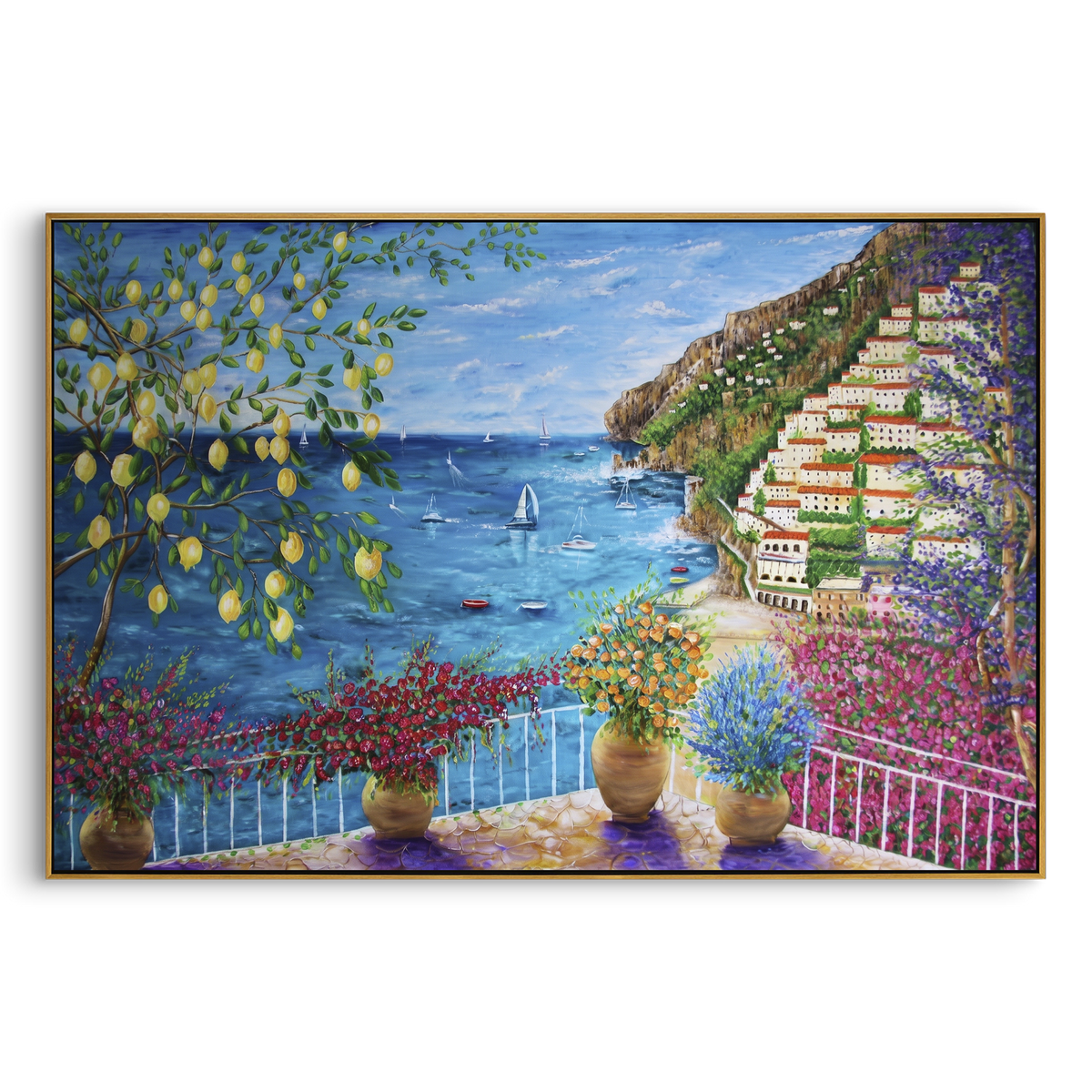 "Sunny Shutter Sea Painting" - Modern Heavy Impasto Coastal Landscape | Blue & Yellow Palette Knife Painting | Luxury Horizontal Wall Art #PT 1641