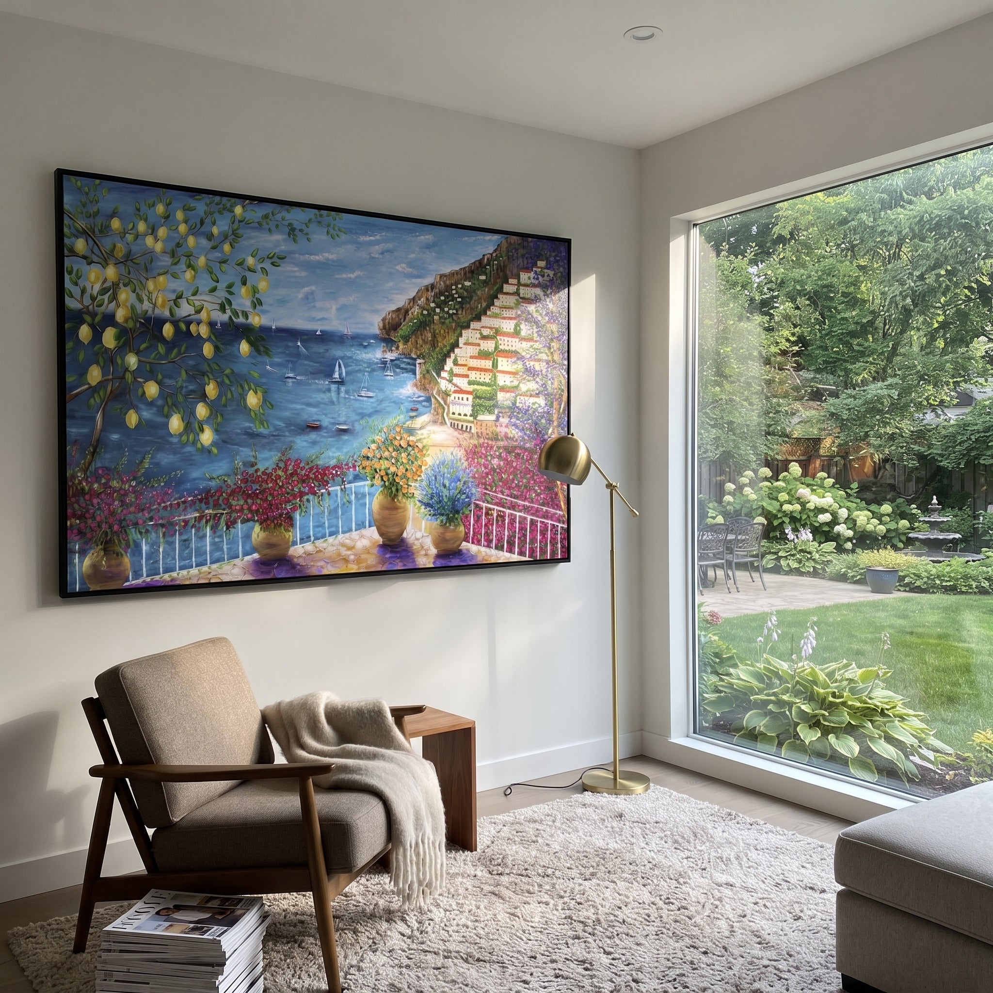 "Sunny Shutter Sea Painting" focuses on atmosphere, surface movement, and sculptural heavy impasto craftsmanship rather than a fixed literal storyline. The composition uses this hand-painted Mediterranean canvas features open blue shutters, lemon branches, calm sea view, bright white wall and terrace light, built with raised palette-knife texture, layered brushwork, and luminous coastal color as the visual anchor, while layered palette-knife paint, raised plaster-like texture, and softened brush