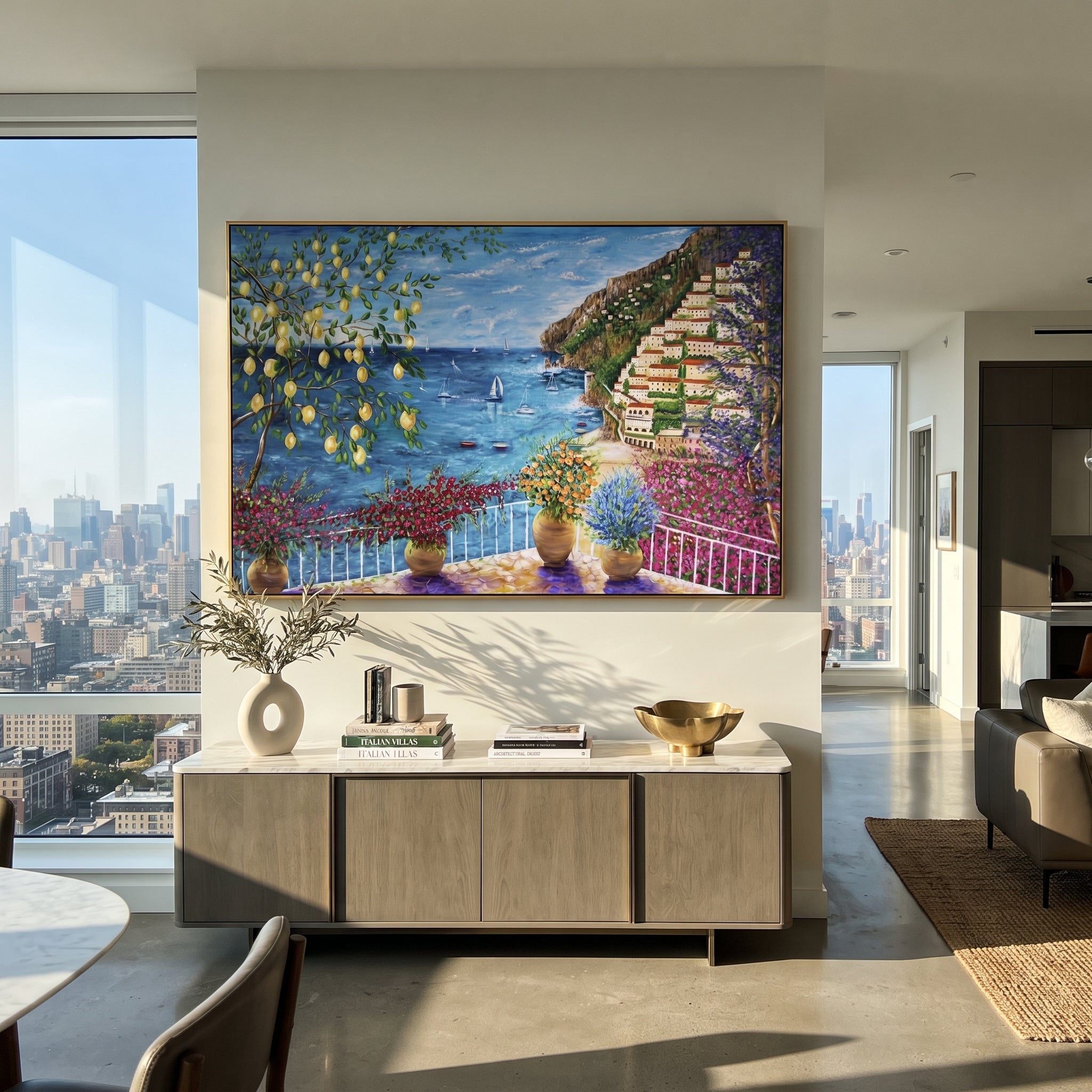 "Sunny Shutter Sea Painting" focuses on atmosphere, surface movement, and sculptural heavy impasto craftsmanship rather than a fixed literal storyline. The composition uses this hand-painted Mediterranean canvas features open blue shutters, lemon branches, calm sea view, bright white wall and terrace light, built with raised palette-knife texture, layered brushwork, and luminous coastal color as the visual anchor, while layered palette-knife paint, raised plaster-like texture, and softened brush