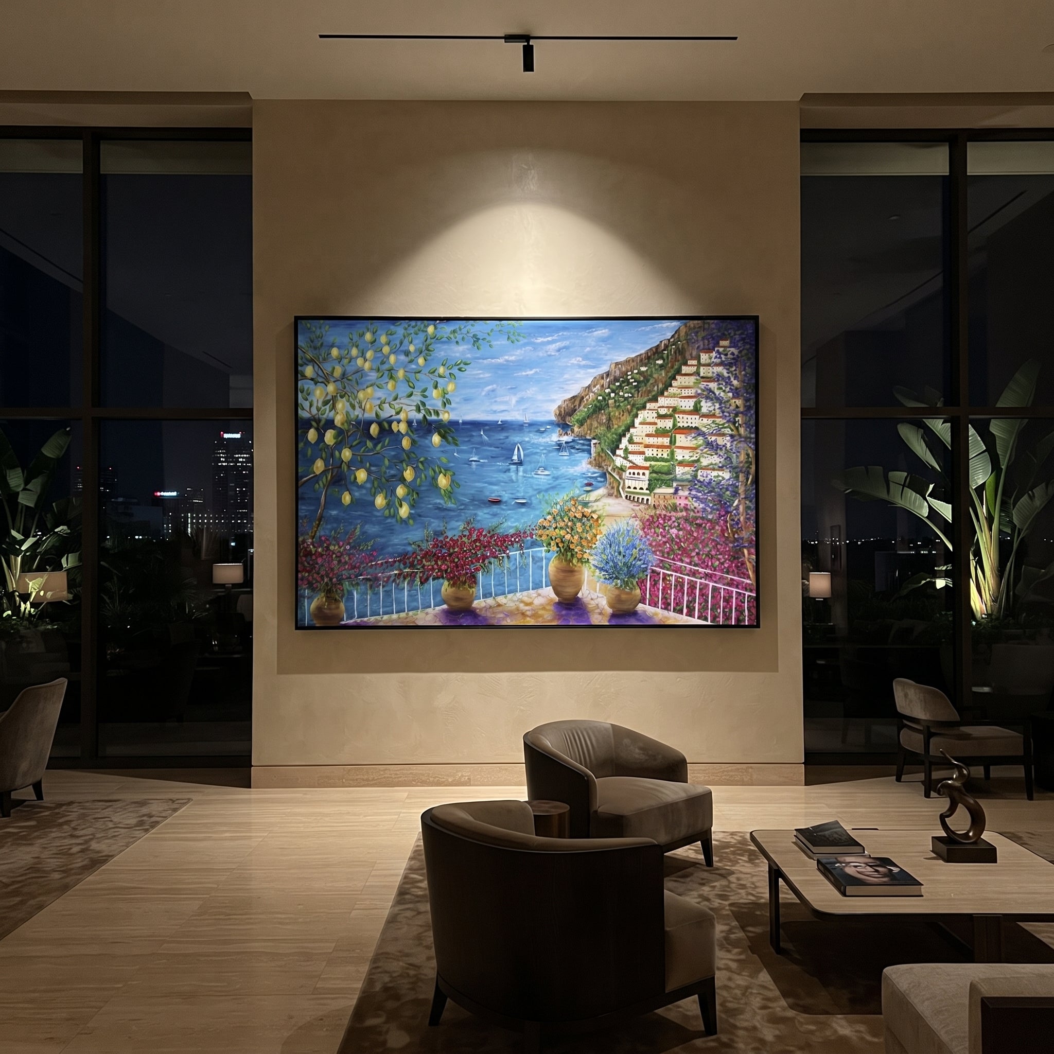 "Sunny Shutter Sea Painting" focuses on atmosphere, surface movement, and sculptural heavy impasto craftsmanship rather than a fixed literal storyline. The composition uses this hand-painted Mediterranean canvas features open blue shutters, lemon branches, calm sea view, bright white wall and terrace light, built with raised palette-knife texture, layered brushwork, and luminous coastal color as the visual anchor, while layered palette-knife paint, raised plaster-like texture, and softened brush