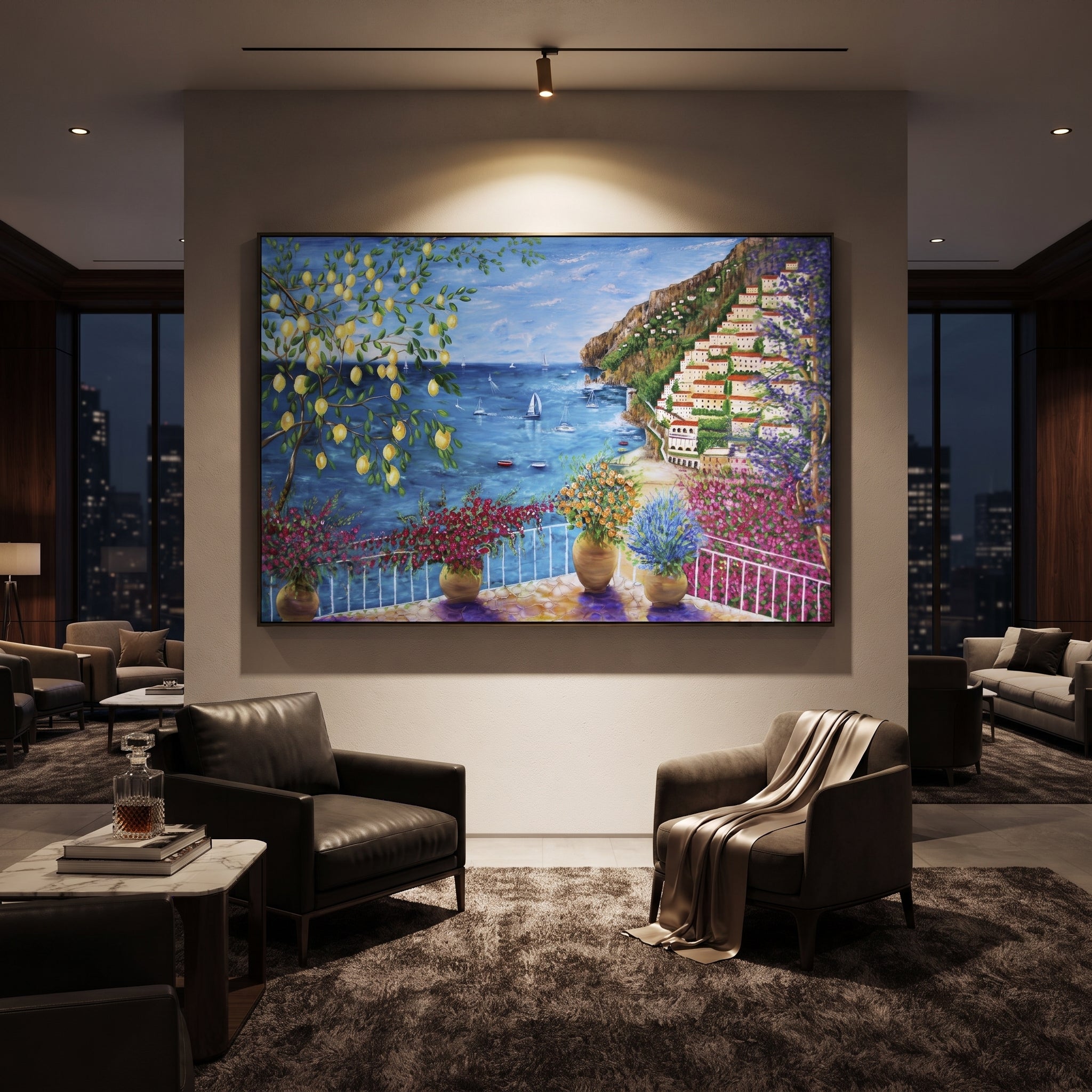 "Sunny Shutter Sea Painting" focuses on atmosphere, surface movement, and sculptural heavy impasto craftsmanship rather than a fixed literal storyline. The composition uses this hand-painted Mediterranean canvas features open blue shutters, lemon branches, calm sea view, bright white wall and terrace light, built with raised palette-knife texture, layered brushwork, and luminous coastal color as the visual anchor, while layered palette-knife paint, raised plaster-like texture, and softened brush
