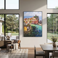 "Coastal Mountain Village Study Painting" focuses on atmosphere, surface movement, and sculptural heavy impasto craftsmanship rather than a fixed literal storyline. The composition uses this hand-painted Mediterranean canvas features steep coastal cliffs, hillside village, deep blue water, floral foreground, textured sky, built with raised palette-knife texture, layered brushwork, and luminous coastal color as the visual anchor, while layered palette-knife paint, raised plaster-like texture, and