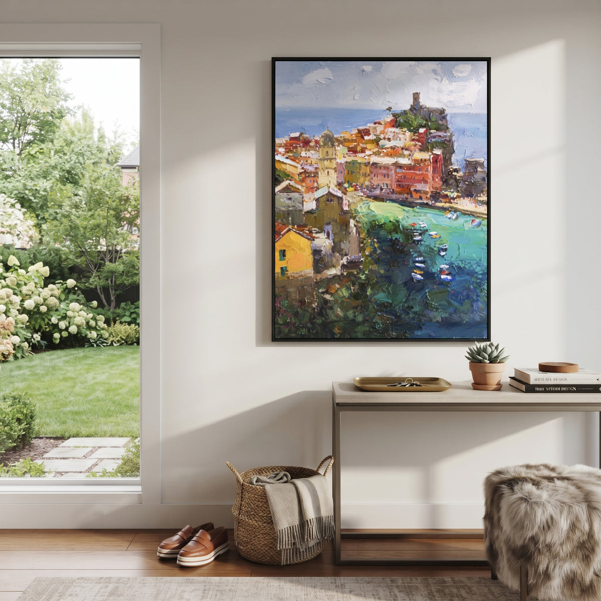 "Coastal Mountain Village Study Painting" focuses on atmosphere, surface movement, and sculptural heavy impasto craftsmanship rather than a fixed literal storyline. The composition uses this hand-painted Mediterranean canvas features steep coastal cliffs, hillside village, deep blue water, floral foreground, textured sky, built with raised palette-knife texture, layered brushwork, and luminous coastal color as the visual anchor, while layered palette-knife paint, raised plaster-like texture, and