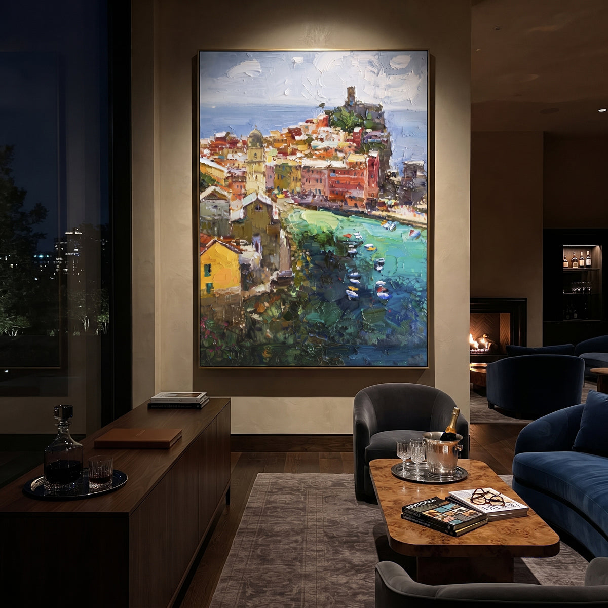 "Coastal Mountain Village Study Painting" focuses on atmosphere, surface movement, and sculptural heavy impasto craftsmanship rather than a fixed literal storyline. The composition uses this hand-painted Mediterranean canvas features steep coastal cliffs, hillside village, deep blue water, floral foreground, textured sky, built with raised palette-knife texture, layered brushwork, and luminous coastal color as the visual anchor, while layered palette-knife paint, raised plaster-like texture, and