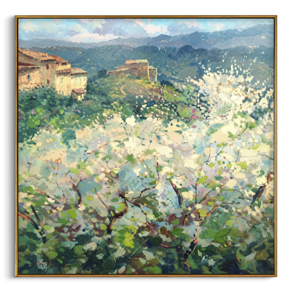 "Mediterranean Promenade Painting" - Modern Heavy Impasto Coastal Landscape | Sage Green & Green Palette Knife Painting | Luxury Square Wall Art #PT 1643