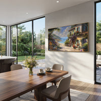 "Quiet Seaside Street Painting" focuses on atmosphere, surface movement, and sculptural heavy impasto craftsmanship rather than a fixed literal storyline. The composition uses this hand-painted Mediterranean canvas features white Mediterranean alley, terracotta roofs, potted flowers, distant sea and mountain light, built with raised palette-knife texture, layered brushwork, and luminous coastal color as the visual anchor, while layered palette-knife paint, raised plaster-like texture, and