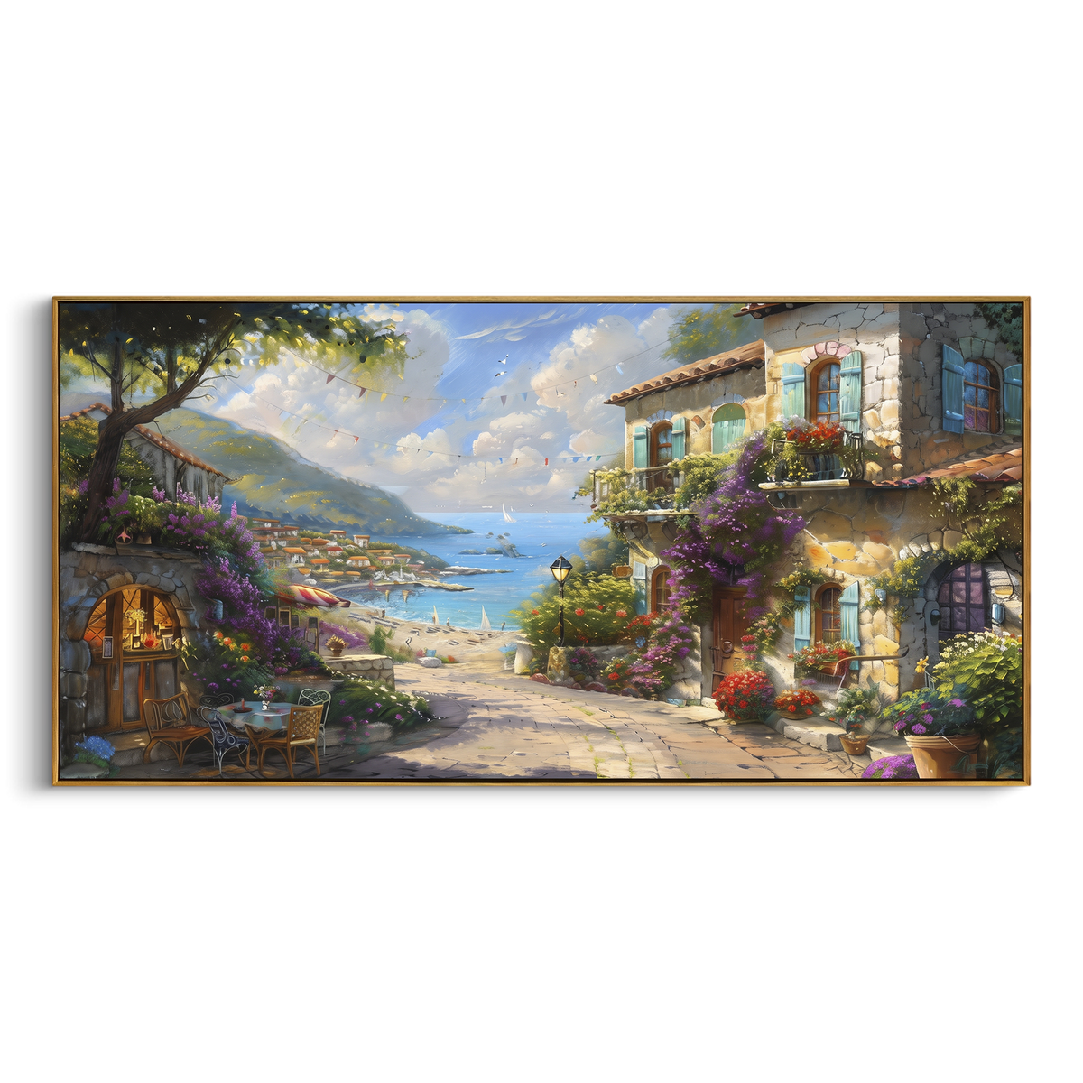 "Quiet Seaside Street Painting" focuses on atmosphere, surface movement, and sculptural heavy impasto craftsmanship rather than a fixed literal storyline. The composition uses this hand-painted Mediterranean canvas features white Mediterranean alley, terracotta roofs, potted flowers, distant sea and mountain light, built with raised palette-knife texture, layered brushwork, and luminous coastal color as the visual anchor, while layered palette-knife paint, raised plaster-like texture, and