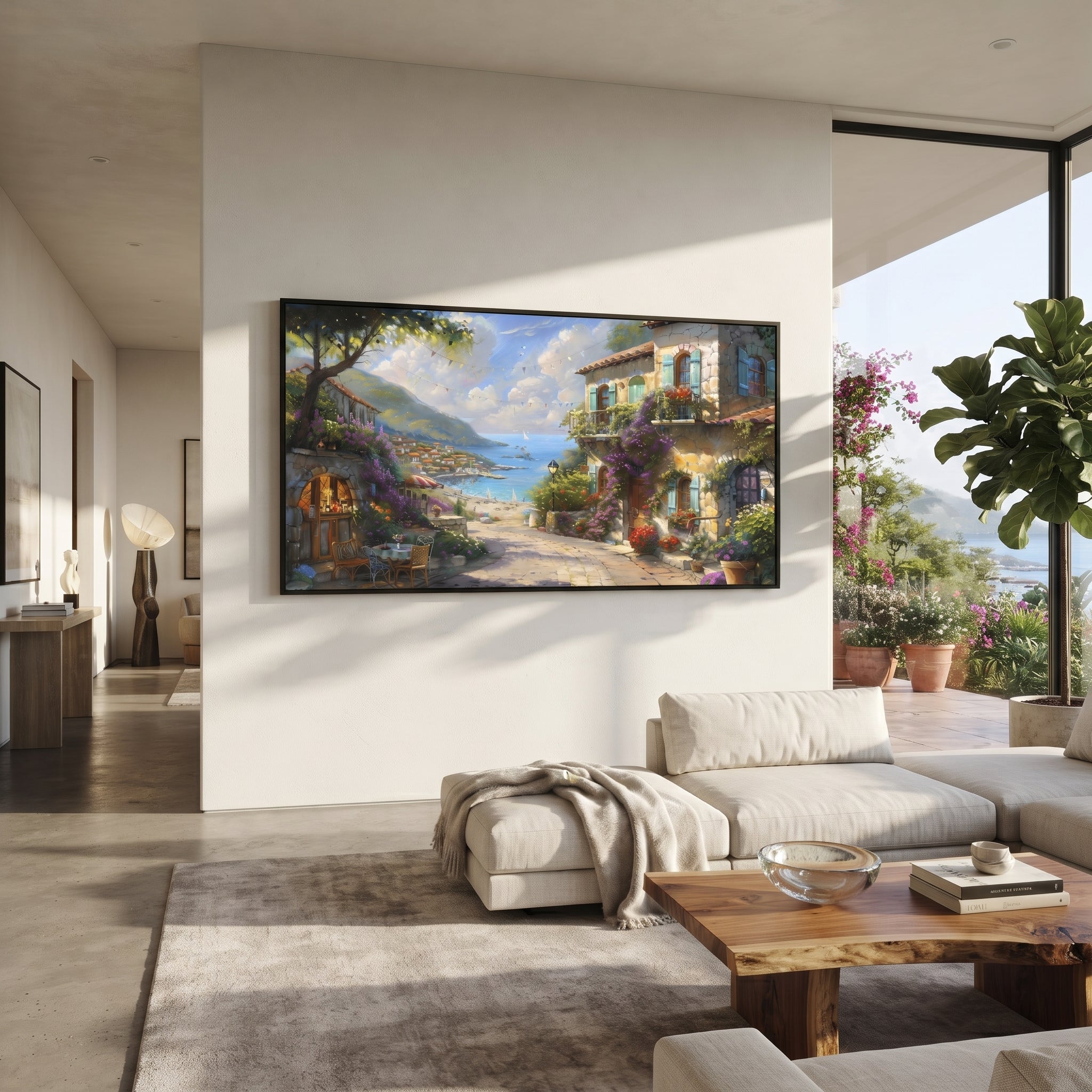 "Quiet Seaside Street Painting" focuses on atmosphere, surface movement, and sculptural heavy impasto craftsmanship rather than a fixed literal storyline. The composition uses this hand-painted Mediterranean canvas features white Mediterranean alley, terracotta roofs, potted flowers, distant sea and mountain light, built with raised palette-knife texture, layered brushwork, and luminous coastal color as the visual anchor, while layered palette-knife paint, raised plaster-like texture, and
