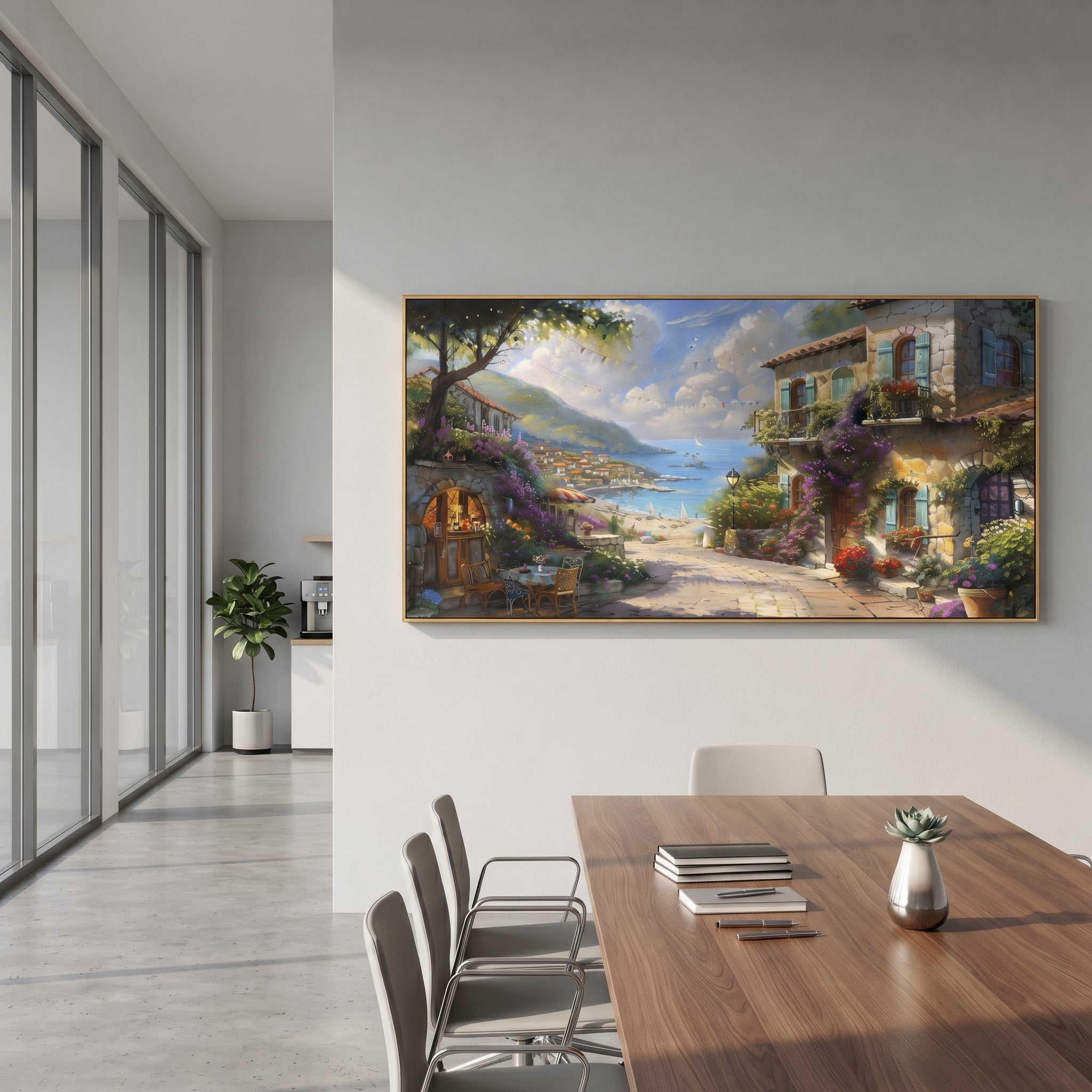 "Quiet Seaside Street Painting" focuses on atmosphere, surface movement, and sculptural heavy impasto craftsmanship rather than a fixed literal storyline. The composition uses this hand-painted Mediterranean canvas features white Mediterranean alley, terracotta roofs, potted flowers, distant sea and mountain light, built with raised palette-knife texture, layered brushwork, and luminous coastal color as the visual anchor, while layered palette-knife paint, raised plaster-like texture, and
