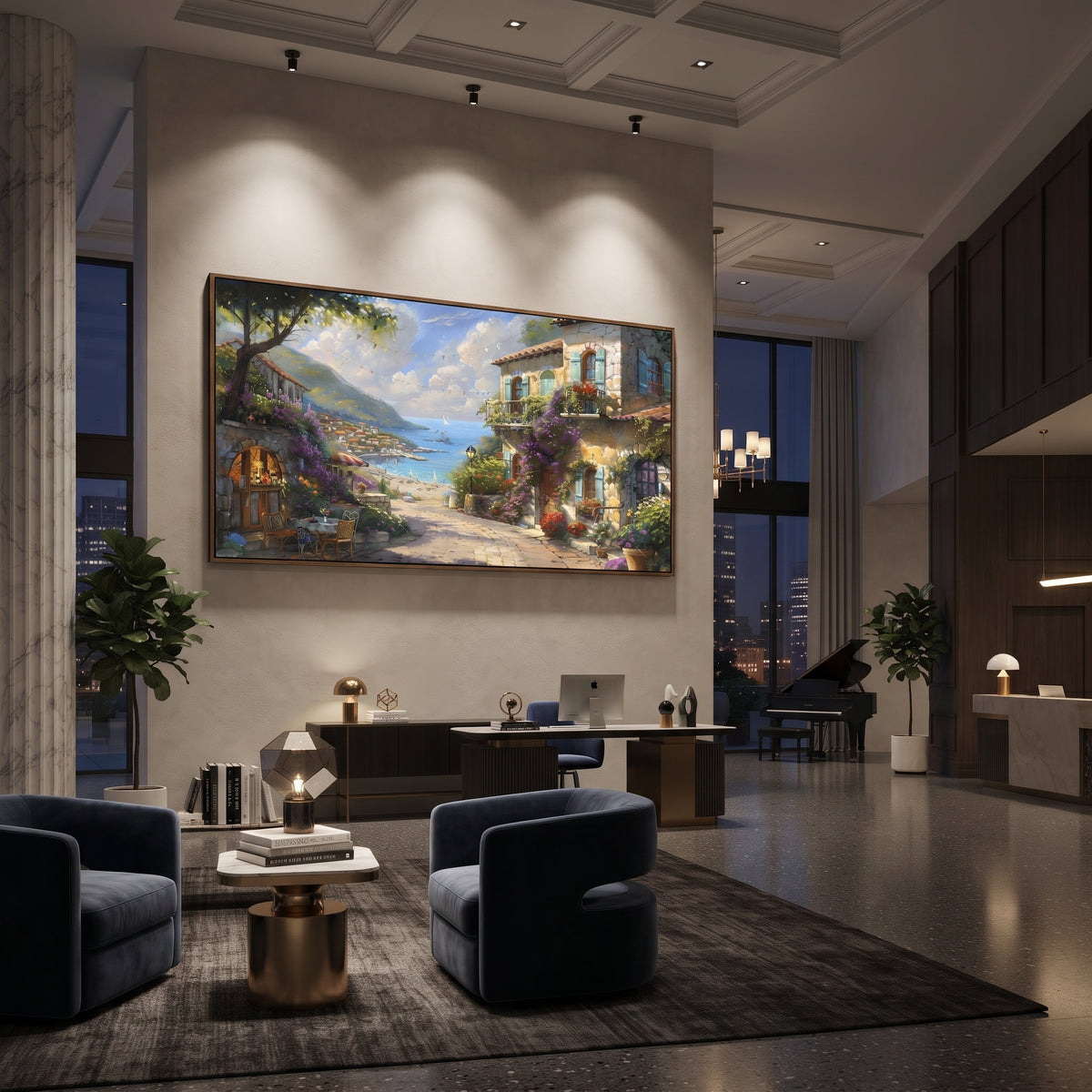 "Quiet Seaside Street Painting" focuses on atmosphere, surface movement, and sculptural heavy impasto craftsmanship rather than a fixed literal storyline. The composition uses this hand-painted Mediterranean canvas features white Mediterranean alley, terracotta roofs, potted flowers, distant sea and mountain light, built with raised palette-knife texture, layered brushwork, and luminous coastal color as the visual anchor, while layered palette-knife paint, raised plaster-like texture, and