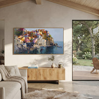 "Sunny Marina Reflections Study Painting" focuses on atmosphere, surface movement, and sculptural heavy impasto craftsmanship rather than a fixed literal storyline. The composition uses this hand-painted Mediterranean canvas features colorful waterfront houses, moored boats, shimmering blue harbor reflections, pastel sky, built with raised palette-knife texture, layered brushwork, and luminous coastal color as the visual anchor, while layered palette-knife paint, raised plaster-like texture, and