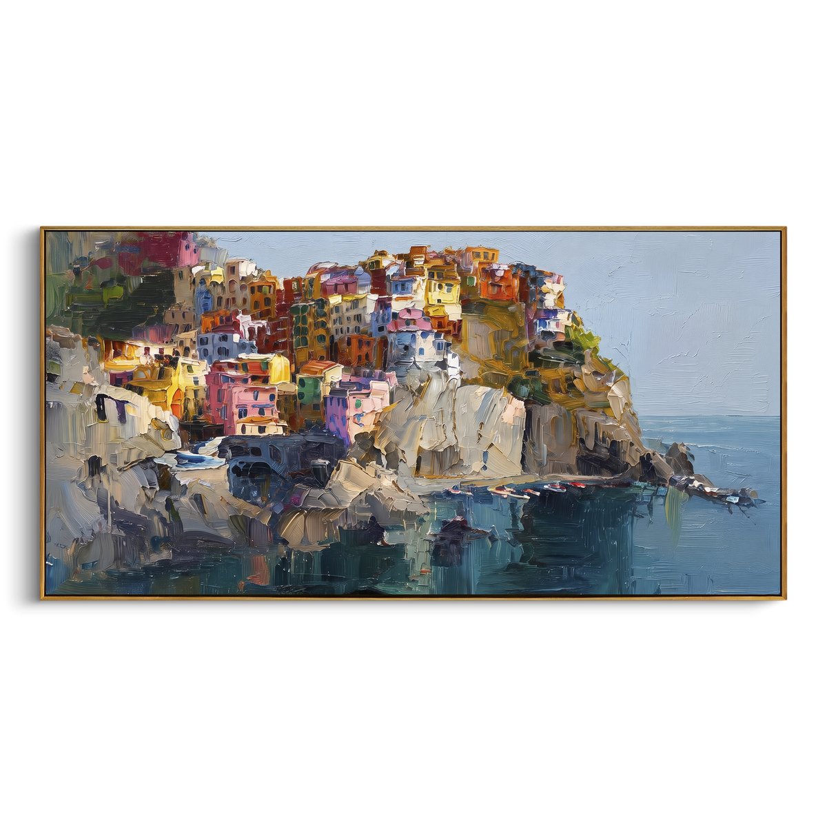 "Sunny Marina Reflections Study Painting" focuses on atmosphere, surface movement, and sculptural heavy impasto craftsmanship rather than a fixed literal storyline. The composition uses this hand-painted Mediterranean canvas features colorful waterfront houses, moored boats, shimmering blue harbor reflections, pastel sky, built with raised palette-knife texture, layered brushwork, and luminous coastal color as the visual anchor, while layered palette-knife paint, raised plaster-like texture, and