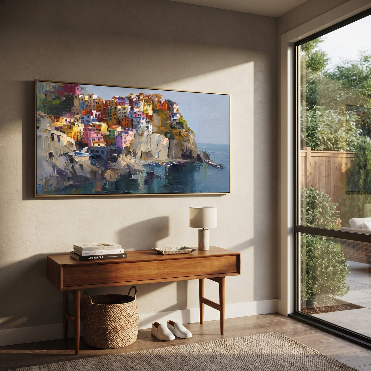 "Sunny Marina Reflections Study Painting" focuses on atmosphere, surface movement, and sculptural heavy impasto craftsmanship rather than a fixed literal storyline. The composition uses this hand-painted Mediterranean canvas features colorful waterfront houses, moored boats, shimmering blue harbor reflections, pastel sky, built with raised palette-knife texture, layered brushwork, and luminous coastal color as the visual anchor, while layered palette-knife paint, raised plaster-like texture, and