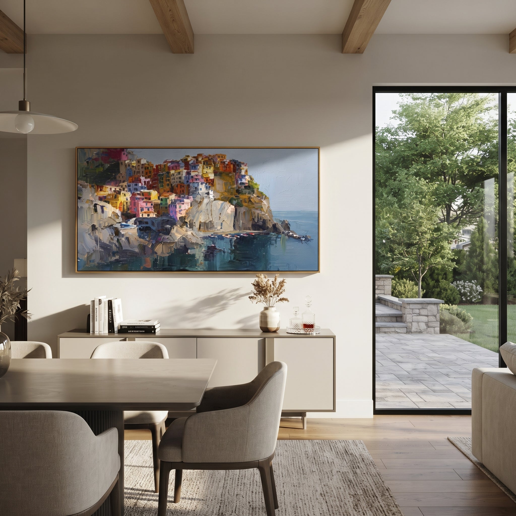 "Sunny Marina Reflections Study Painting" focuses on atmosphere, surface movement, and sculptural heavy impasto craftsmanship rather than a fixed literal storyline. The composition uses this hand-painted Mediterranean canvas features colorful waterfront houses, moored boats, shimmering blue harbor reflections, pastel sky, built with raised palette-knife texture, layered brushwork, and luminous coastal color as the visual anchor, while layered palette-knife paint, raised plaster-like texture, and