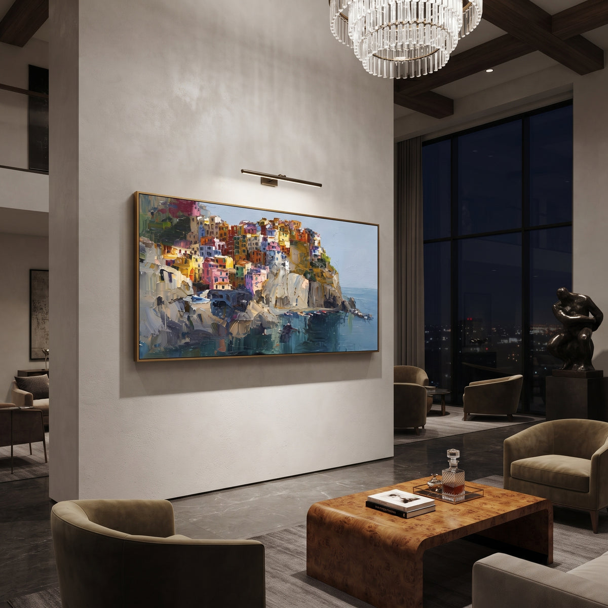 "Sunny Marina Reflections Study Painting" focuses on atmosphere, surface movement, and sculptural heavy impasto craftsmanship rather than a fixed literal storyline. The composition uses this hand-painted Mediterranean canvas features colorful waterfront houses, moored boats, shimmering blue harbor reflections, pastel sky, built with raised palette-knife texture, layered brushwork, and luminous coastal color as the visual anchor, while layered palette-knife paint, raised plaster-like texture, and