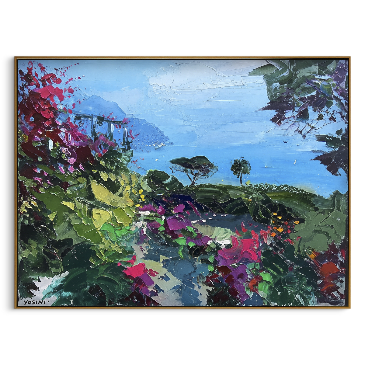 "Sailing Coast Garden Coastal with Lemon Trees Painting" focuses on atmosphere, surface movement, and sculptural heavy impasto craftsmanship rather than a fixed literal storyline. The composition uses this hand-painted Mediterranean canvas features sailboats on a blue bay, flowering terrace, coastal town and luminous summer sky, built with raised palette-knife texture, layered brushwork, and luminous coastal color as the visual anchor, while layered palette-knife paint, raised plaster-like