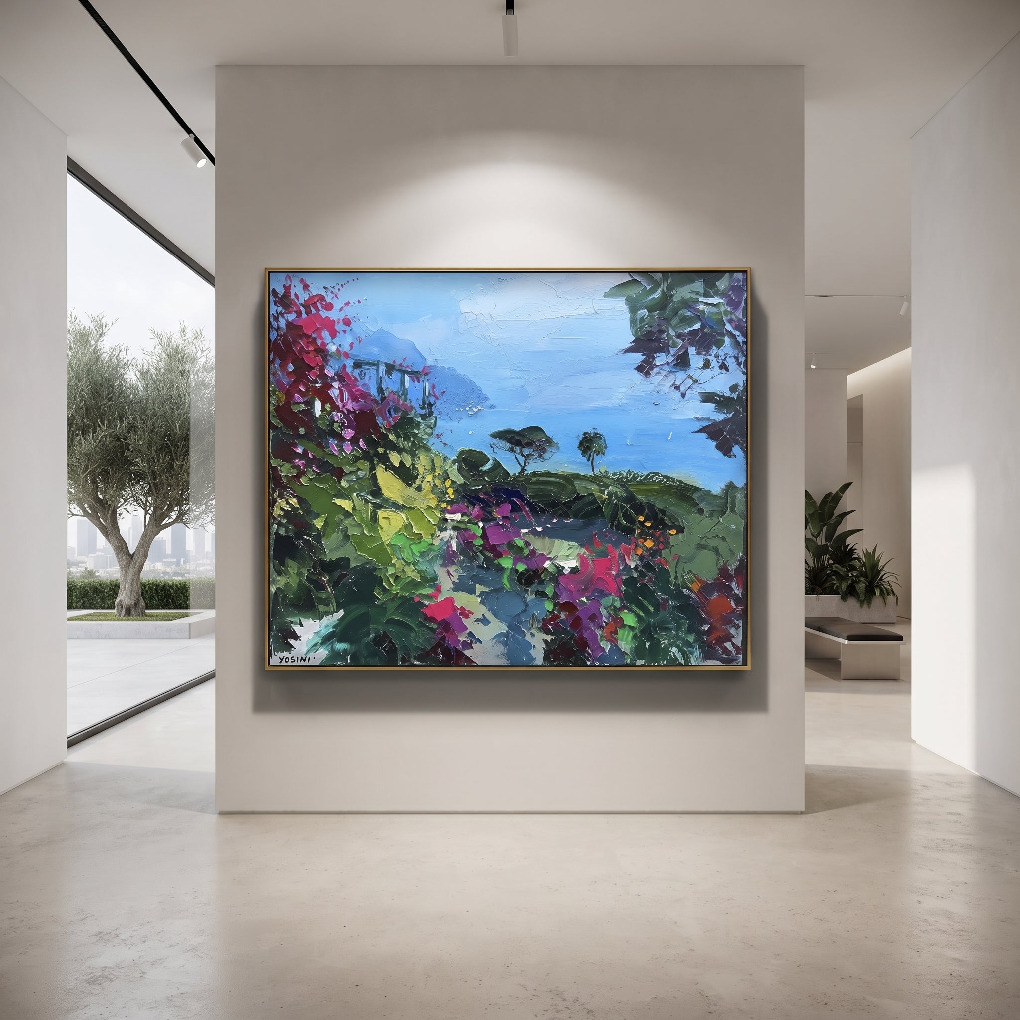 "Sailing Coast Garden Coastal with Lemon Trees Painting" focuses on atmosphere, surface movement, and sculptural heavy impasto craftsmanship rather than a fixed literal storyline. The composition uses this hand-painted Mediterranean canvas features sailboats on a blue bay, flowering terrace, coastal town and luminous summer sky, built with raised palette-knife texture, layered brushwork, and luminous coastal color as the visual anchor, while layered palette-knife paint, raised plaster-like