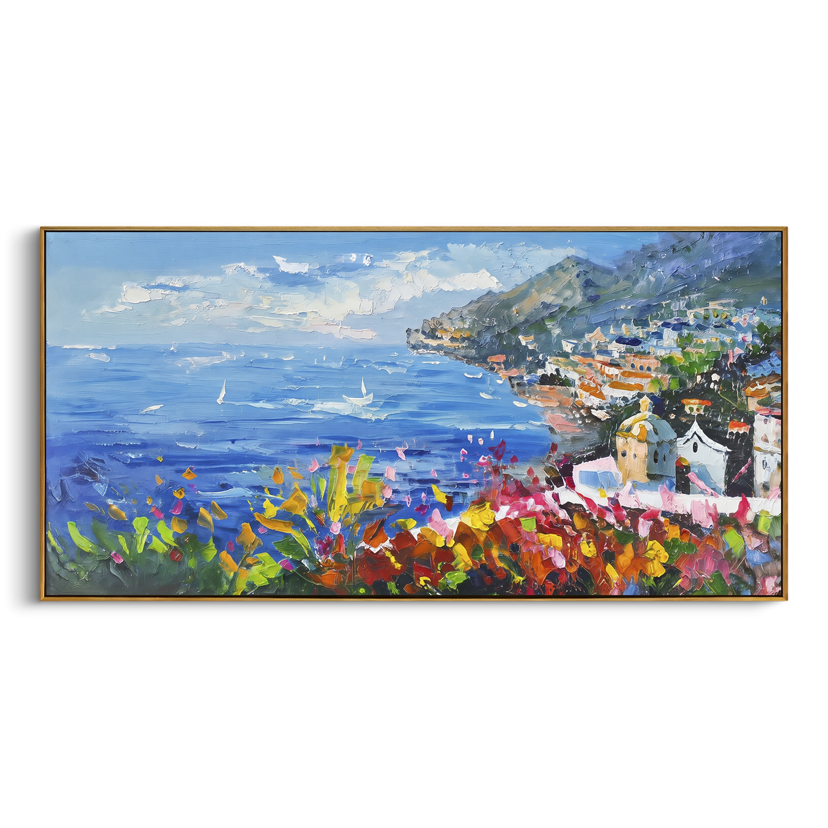 "Cliff Harbor Houses Painting" - Modern Heavy Impasto Coastal Landscape | Blue & Orange Palette Knife Painting | Luxury Horizontal Wall Art #PT 1647