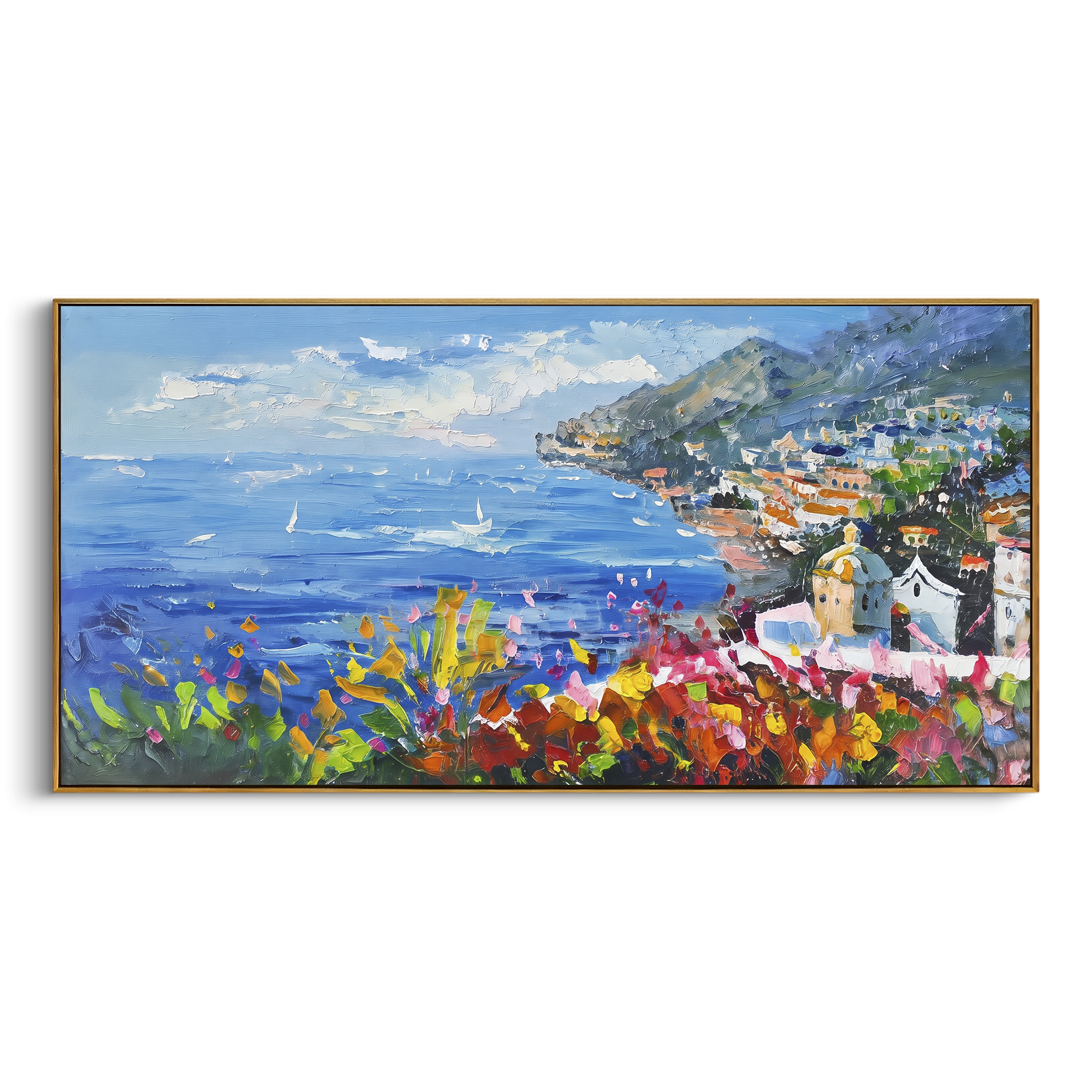 "Cliff Harbor Houses Painting" focuses on atmosphere, surface movement, and sculptural heavy impasto craftsmanship rather than a fixed literal storyline. The composition uses this hand-painted Mediterranean canvas features stacked pastel buildings on seaside cliffs, boats below, bright impasto coastal color, built with raised palette-knife texture, layered brushwork, and luminous coastal color as the visual anchor, while layered palette-knife paint, raised plaster-like texture, and softened