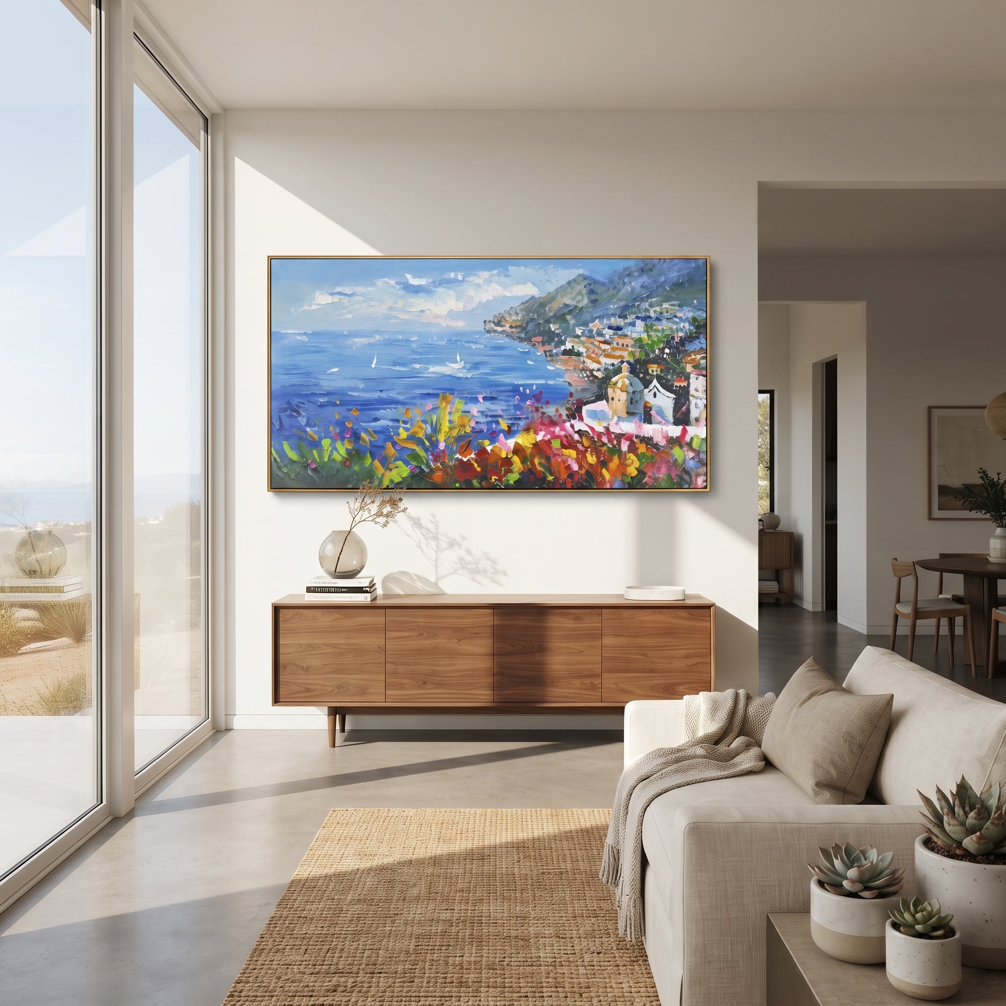 "Cliff Harbor Houses Painting" focuses on atmosphere, surface movement, and sculptural heavy impasto craftsmanship rather than a fixed literal storyline. The composition uses this hand-painted Mediterranean canvas features stacked pastel buildings on seaside cliffs, boats below, bright impasto coastal color, built with raised palette-knife texture, layered brushwork, and luminous coastal color as the visual anchor, while layered palette-knife paint, raised plaster-like texture, and softened
