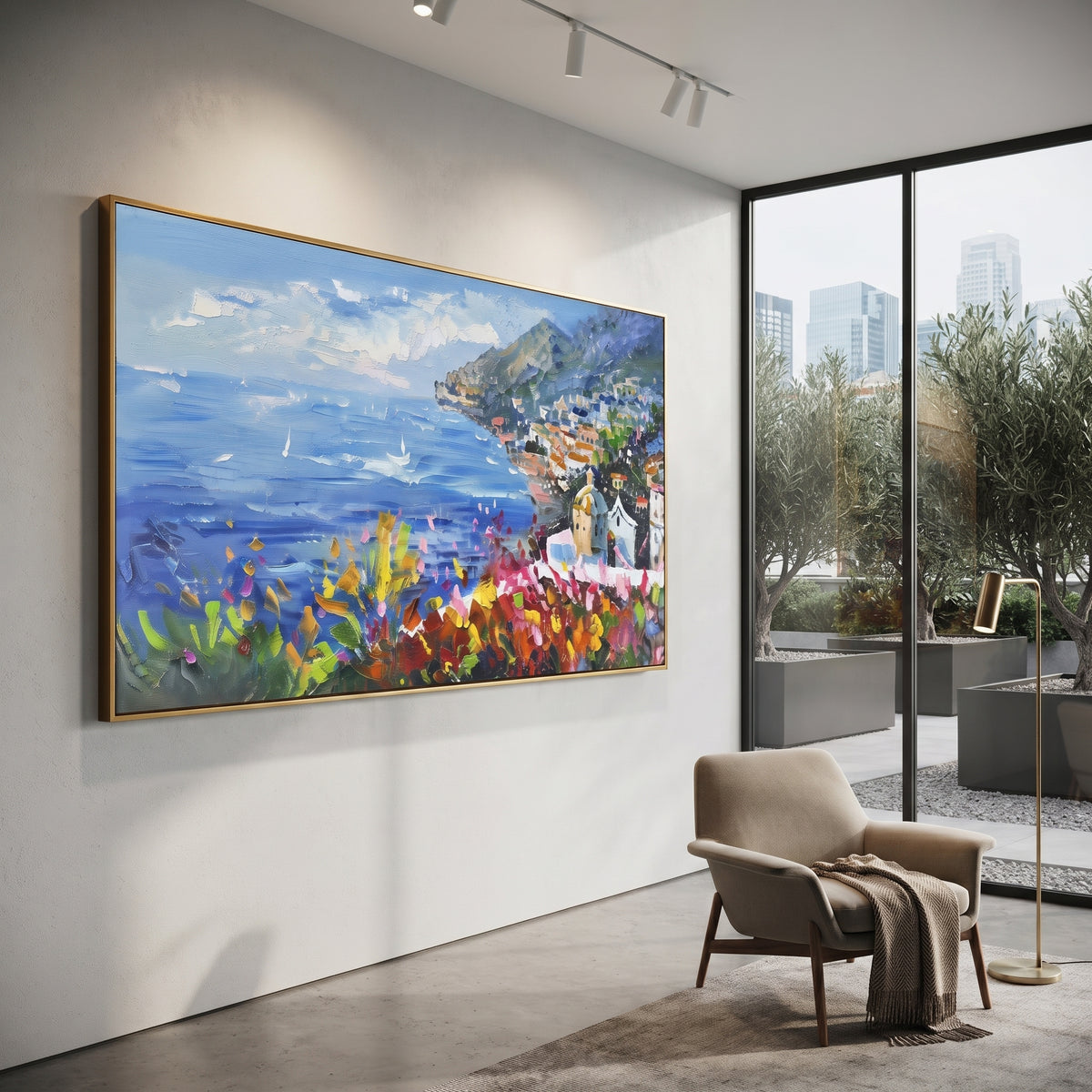 "Cliff Harbor Houses Painting" focuses on atmosphere, surface movement, and sculptural heavy impasto craftsmanship rather than a fixed literal storyline. The composition uses this hand-painted Mediterranean canvas features stacked pastel buildings on seaside cliffs, boats below, bright impasto coastal color, built with raised palette-knife texture, layered brushwork, and luminous coastal color as the visual anchor, while layered palette-knife paint, raised plaster-like texture, and softened