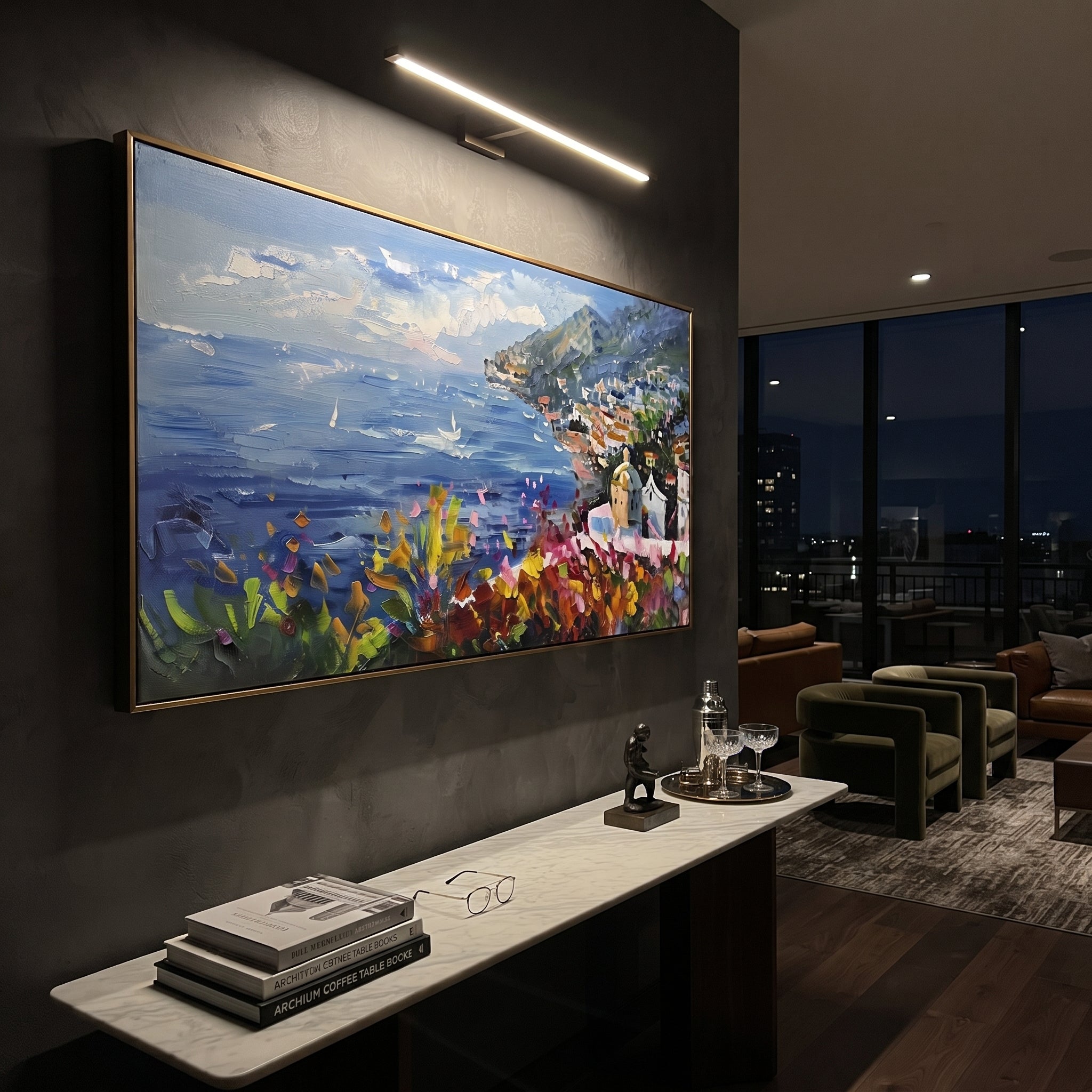 "Cliff Harbor Houses Painting" focuses on atmosphere, surface movement, and sculptural heavy impasto craftsmanship rather than a fixed literal storyline. The composition uses this hand-painted Mediterranean canvas features stacked pastel buildings on seaside cliffs, boats below, bright impasto coastal color, built with raised palette-knife texture, layered brushwork, and luminous coastal color as the visual anchor, while layered palette-knife paint, raised plaster-like texture, and softened