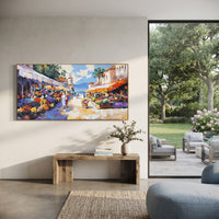 "Harbor Village Reflections Coastal Painting" focuses on atmosphere, surface movement, and sculptural heavy impasto craftsmanship rather than a fixed literal storyline. The composition uses this hand-painted Mediterranean canvas features colorful waterfront houses, moored boats, shimmering blue harbor reflections, pastel sky, built with raised palette-knife texture, layered brushwork, and luminous coastal color as the visual anchor, while layered palette-knife paint, raised plaster-like texture