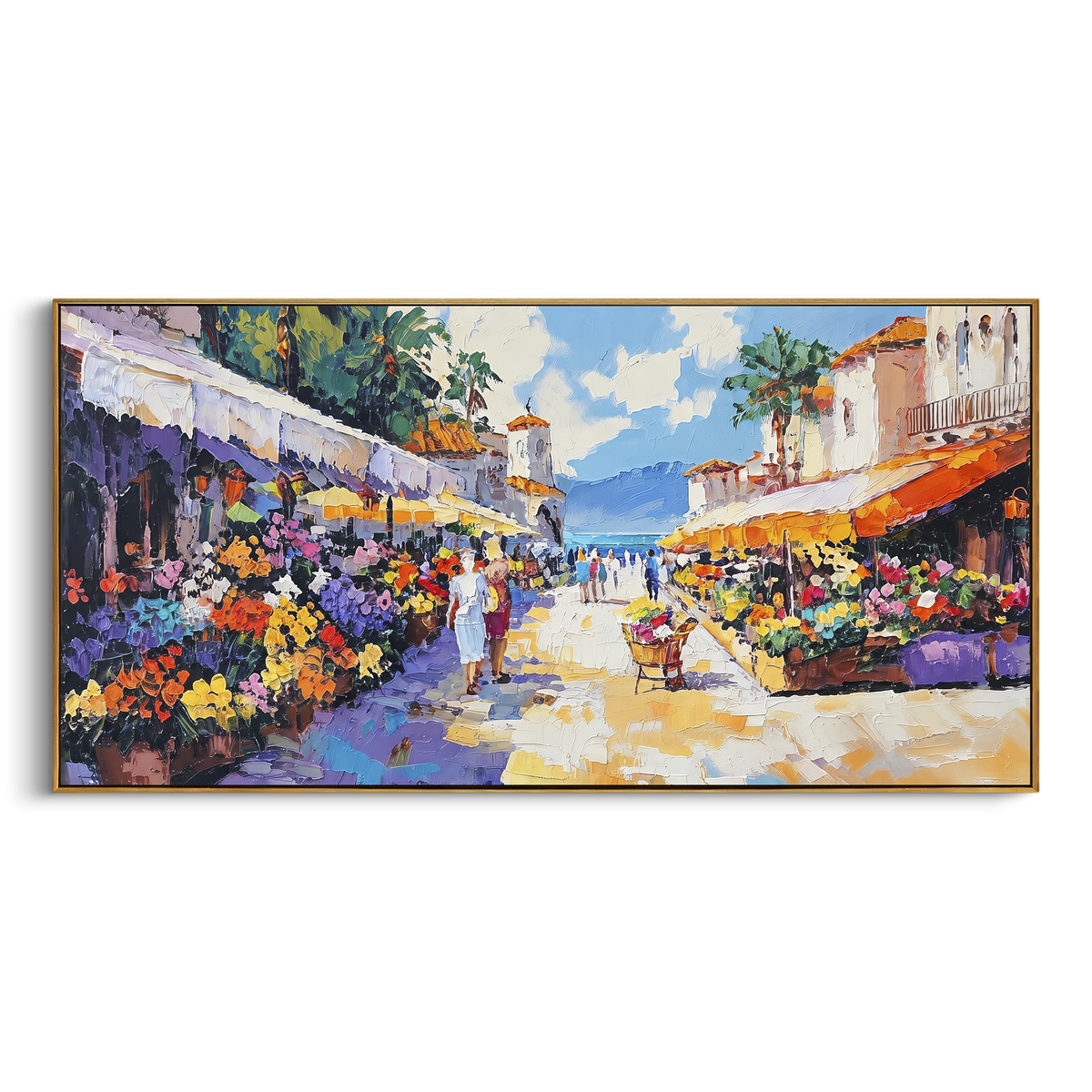 "Harbor Village Reflections Coastal Painting" - Modern Heavy Impasto Coastal Landscape | Blue & Orange Palette Knife Painting | Luxury Horizontal Wall Art #PT 1648