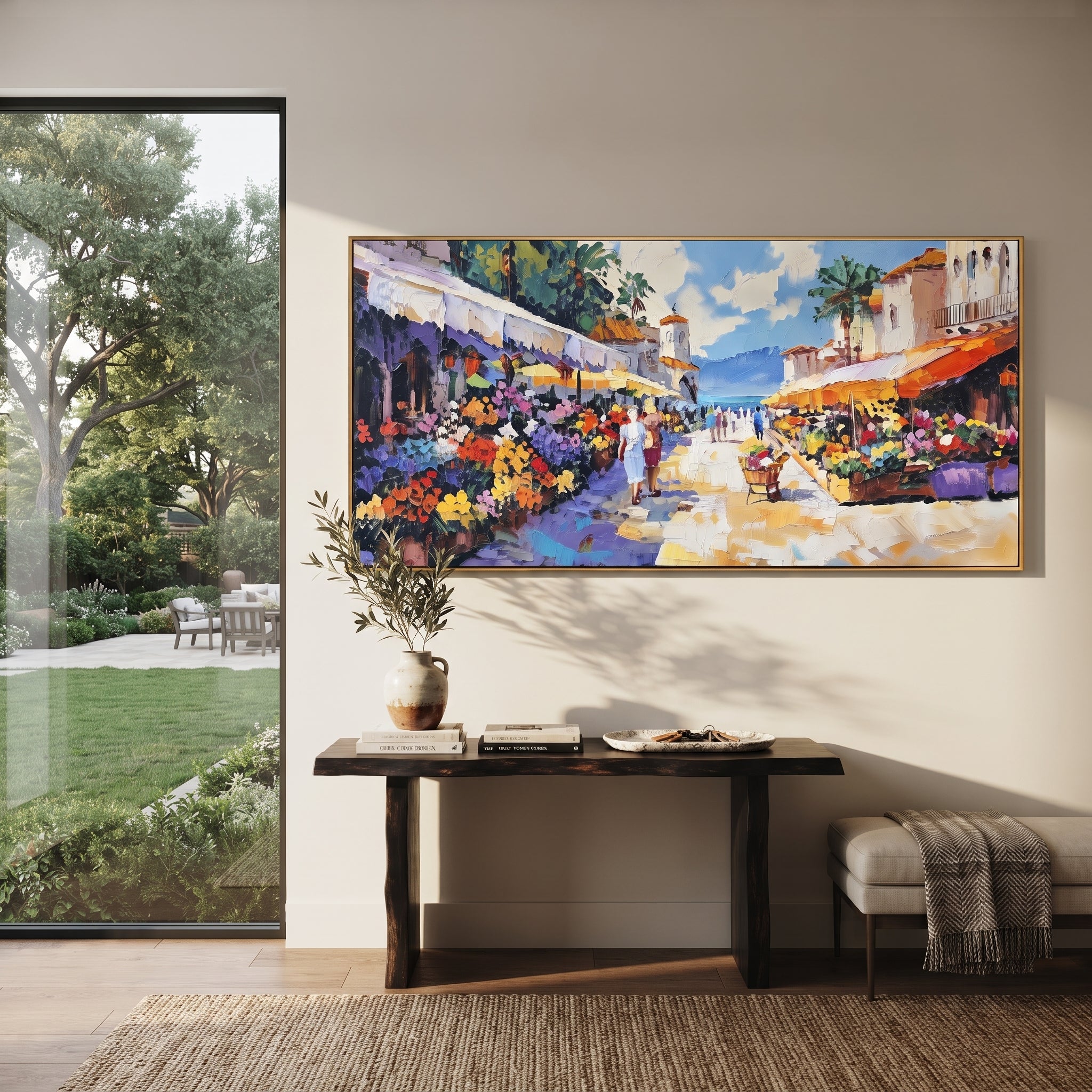 "Harbor Village Reflections Coastal Painting" focuses on atmosphere, surface movement, and sculptural heavy impasto craftsmanship rather than a fixed literal storyline. The composition uses this hand-painted Mediterranean canvas features colorful waterfront houses, moored boats, shimmering blue harbor reflections, pastel sky, built with raised palette-knife texture, layered brushwork, and luminous coastal color as the visual anchor, while layered palette-knife paint, raised plaster-like texture