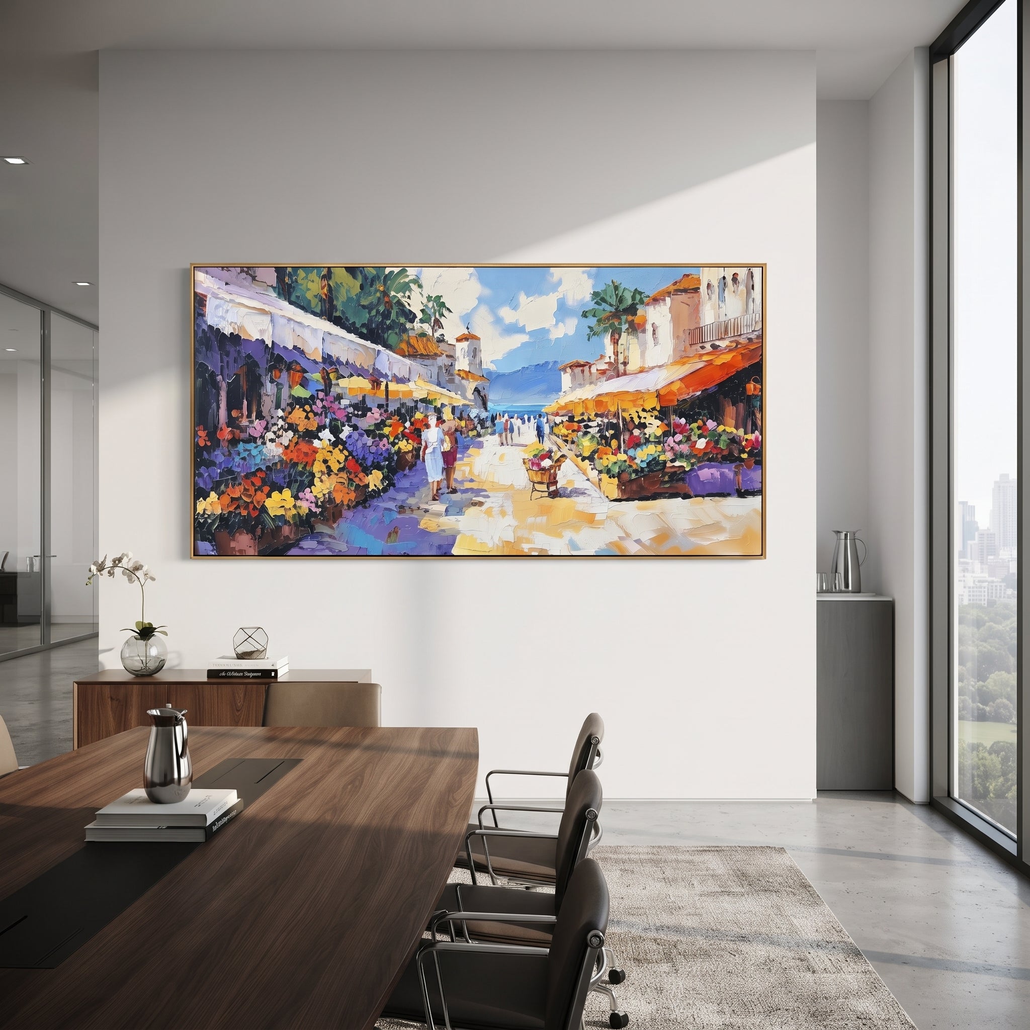 "Harbor Village Reflections Coastal Painting" focuses on atmosphere, surface movement, and sculptural heavy impasto craftsmanship rather than a fixed literal storyline. The composition uses this hand-painted Mediterranean canvas features colorful waterfront houses, moored boats, shimmering blue harbor reflections, pastel sky, built with raised palette-knife texture, layered brushwork, and luminous coastal color as the visual anchor, while layered palette-knife paint, raised plaster-like texture