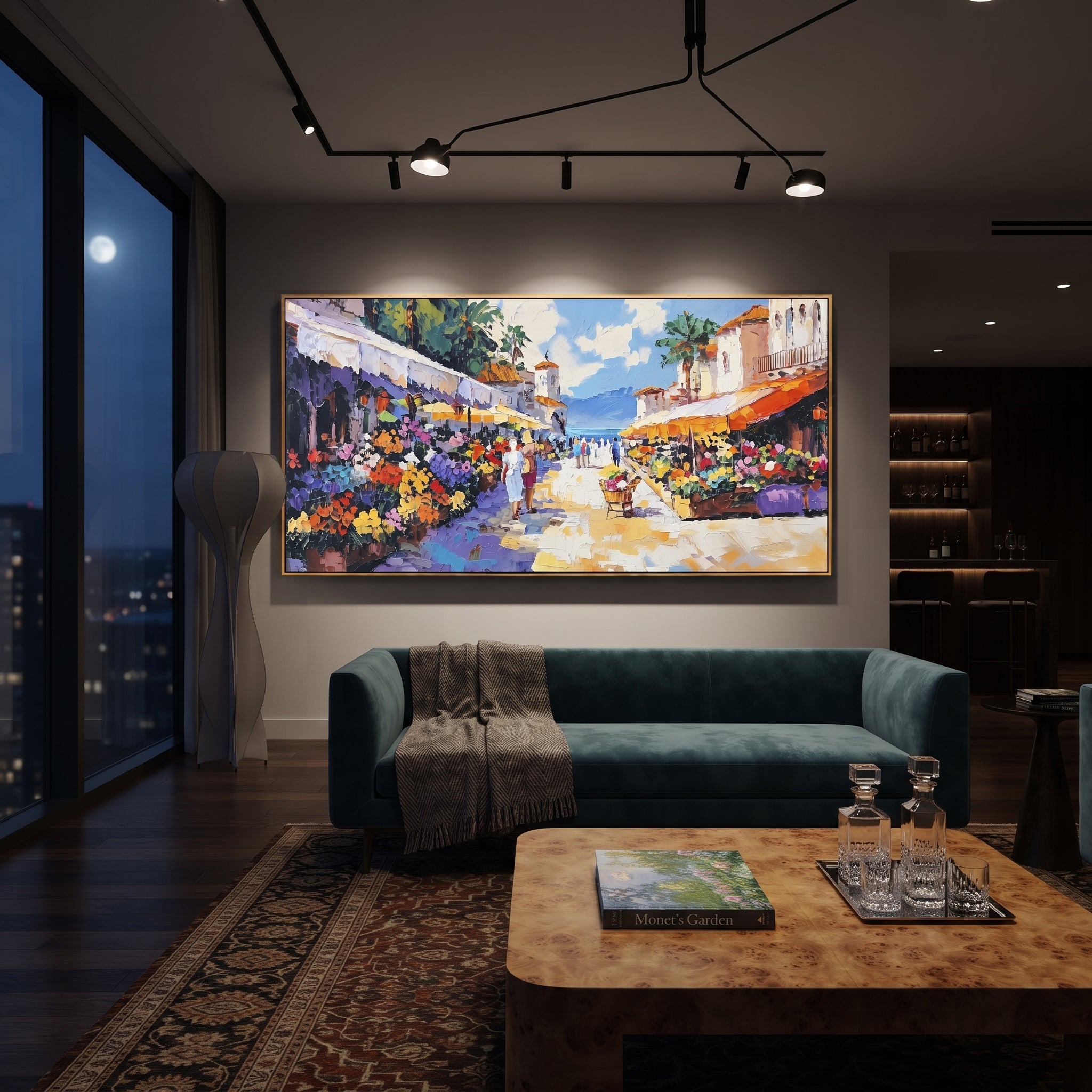 "Harbor Village Reflections Coastal Painting" focuses on atmosphere, surface movement, and sculptural heavy impasto craftsmanship rather than a fixed literal storyline. The composition uses this hand-painted Mediterranean canvas features colorful waterfront houses, moored boats, shimmering blue harbor reflections, pastel sky, built with raised palette-knife texture, layered brushwork, and luminous coastal color as the visual anchor, while layered palette-knife paint, raised plaster-like texture