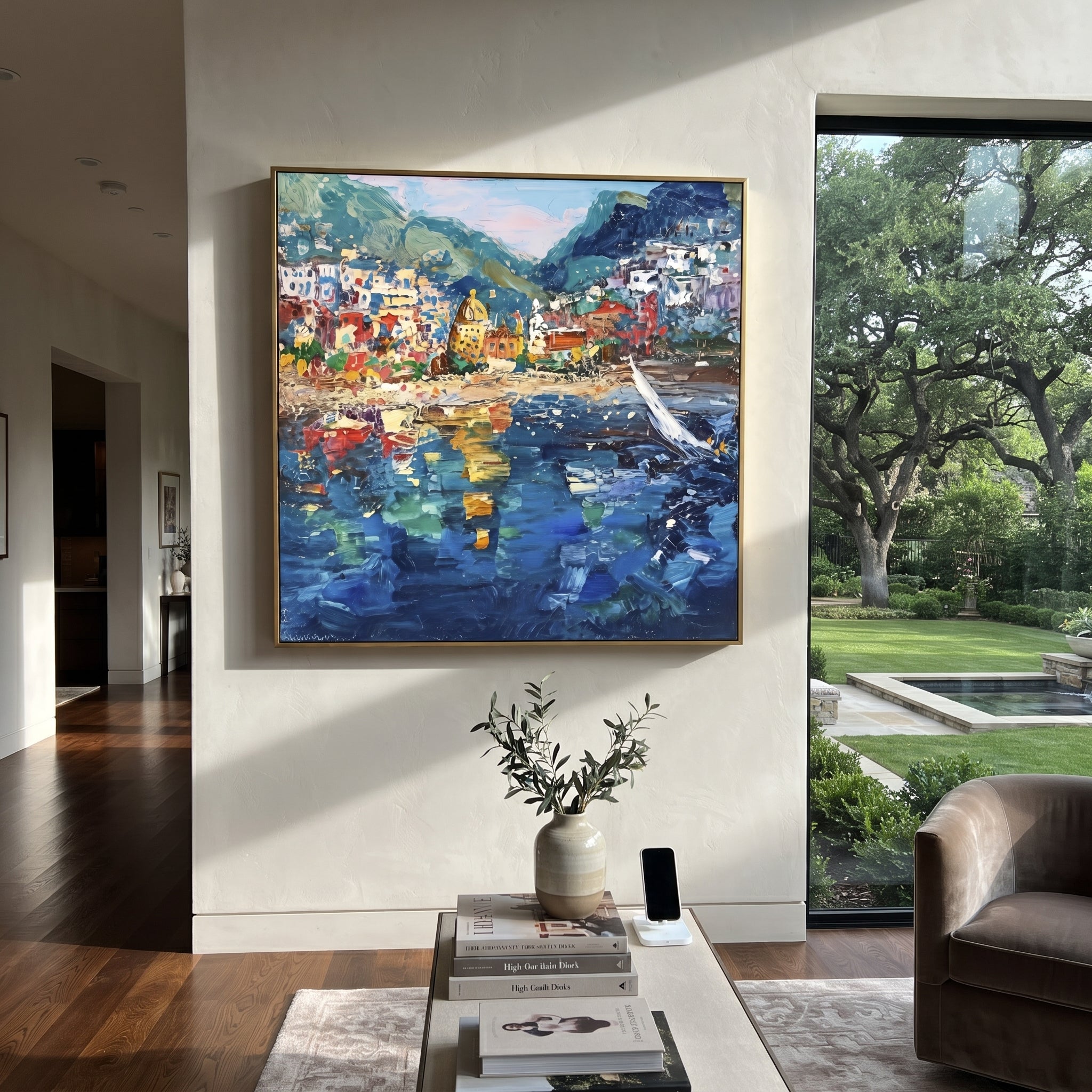 "Harbor Village Reflections Coastal with Sailboats Painting" focuses on atmosphere, surface movement, and sculptural heavy impasto craftsmanship rather than a fixed literal storyline. The composition uses this hand-painted Mediterranean canvas features colorful waterfront houses, moored boats, shimmering blue harbor reflections, pastel sky, built with raised palette-knife texture, layered brushwork, and luminous coastal color as the visual anchor, while layered palette-knife paint, raised