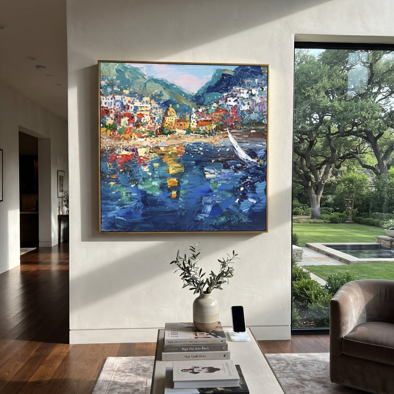 "Harbor Village Reflections Coastal with Sailboats Painting" - Modern Heavy Impasto Coastal Landscape | Blue & Orange Palette Knife Painting | Luxury Square Wall Art #PT 1649