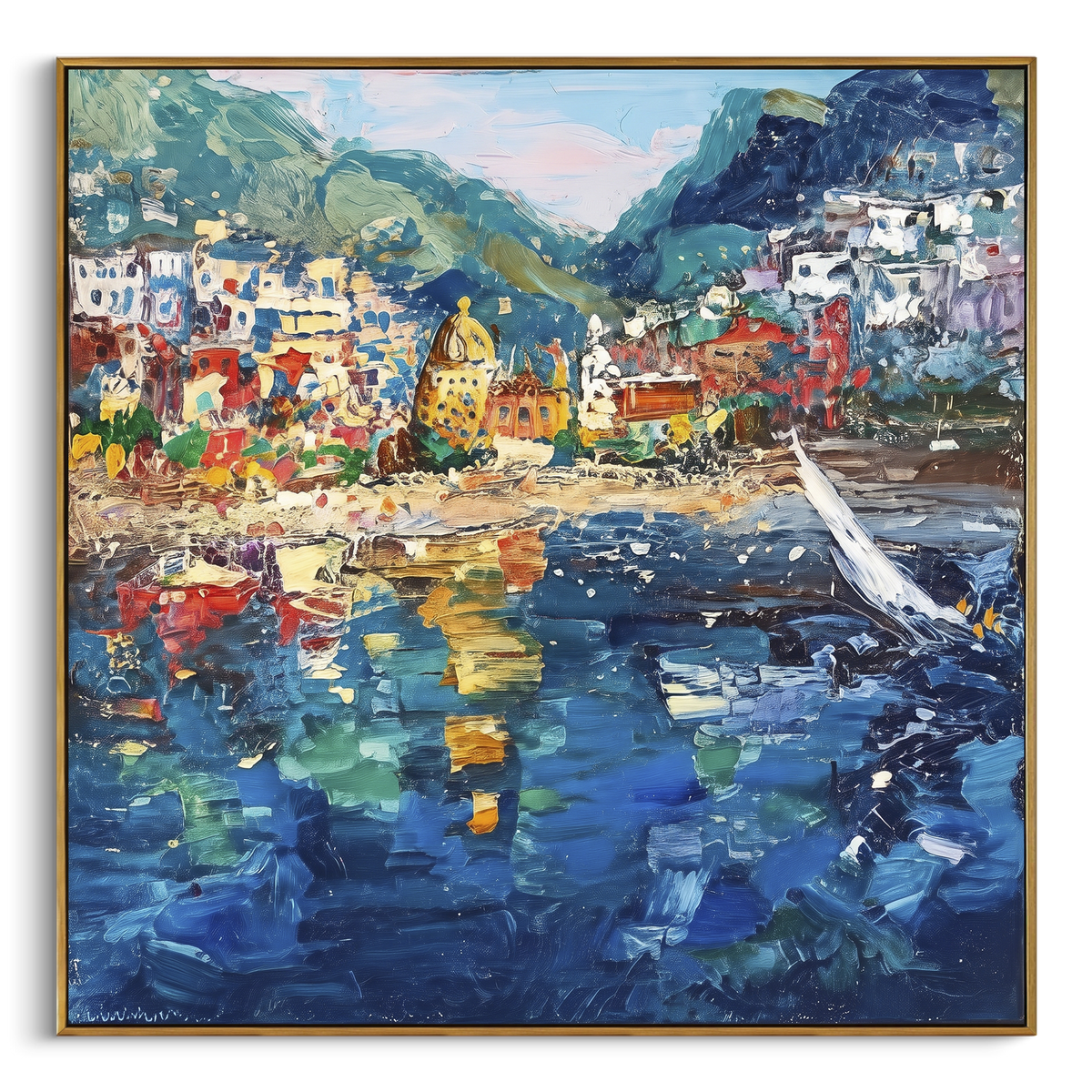 "Harbor Village Reflections Coastal with Sailboats Painting" - Modern Heavy Impasto Coastal Landscape | Blue & Orange Palette Knife Painting | Luxury Square Wall Art #PT 1649