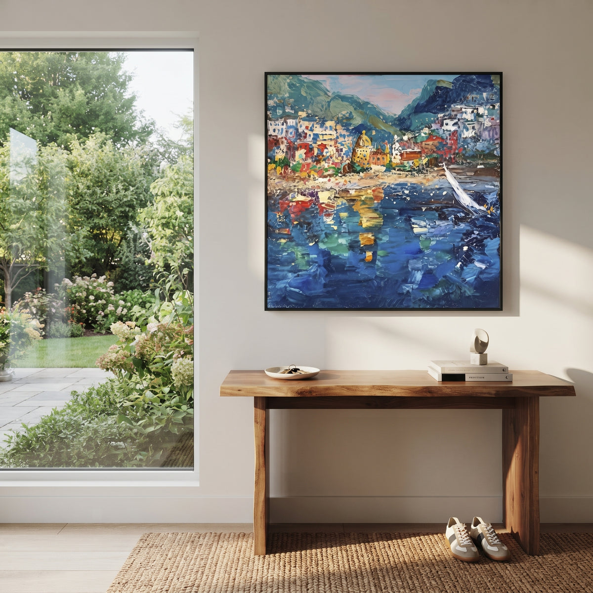 "Harbor Village Reflections Coastal with Sailboats Painting" focuses on atmosphere, surface movement, and sculptural heavy impasto craftsmanship rather than a fixed literal storyline. The composition uses this hand-painted Mediterranean canvas features colorful waterfront houses, moored boats, shimmering blue harbor reflections, pastel sky, built with raised palette-knife texture, layered brushwork, and luminous coastal color as the visual anchor, while layered palette-knife paint, raised
