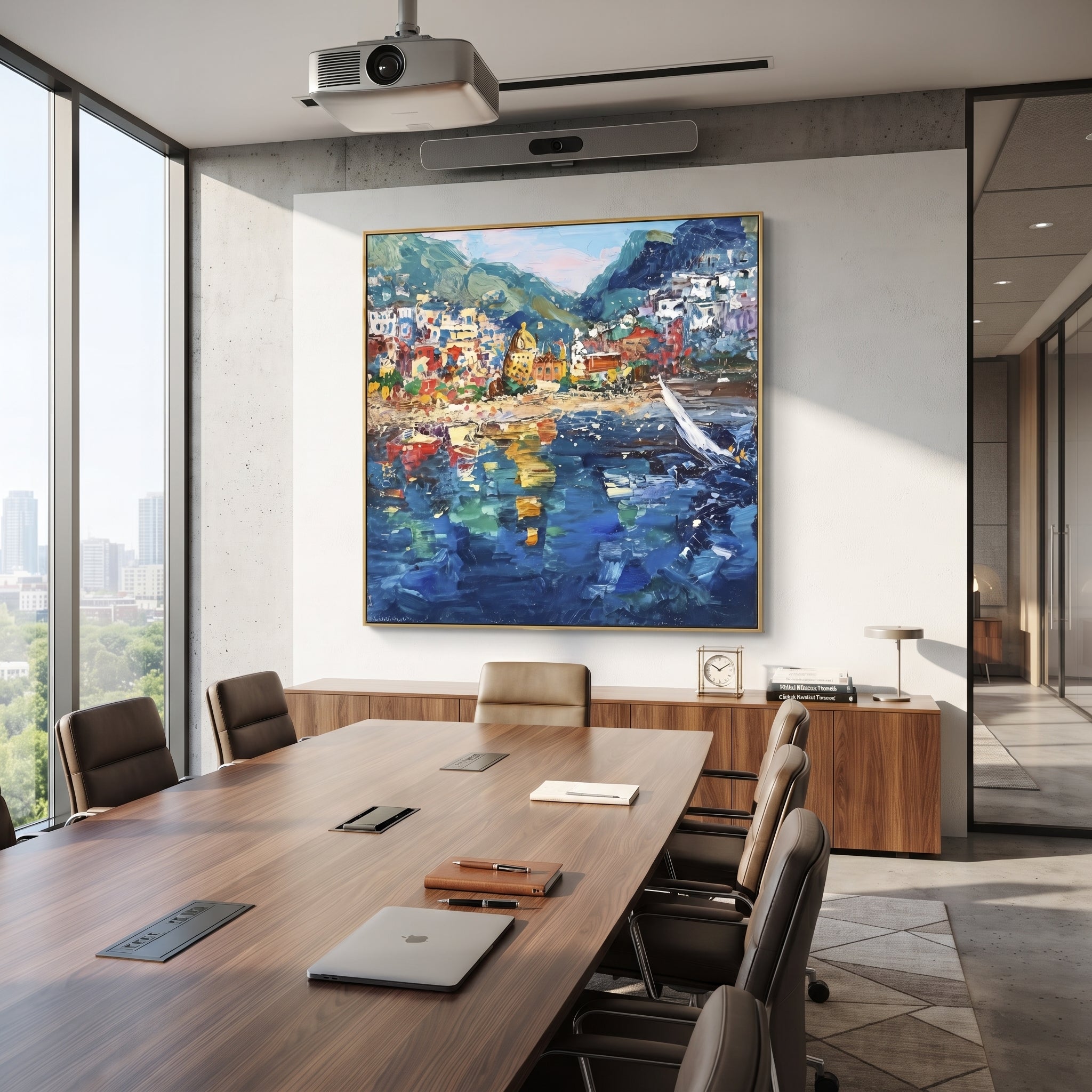 "Harbor Village Reflections Coastal with Sailboats Painting" focuses on atmosphere, surface movement, and sculptural heavy impasto craftsmanship rather than a fixed literal storyline. The composition uses this hand-painted Mediterranean canvas features colorful waterfront houses, moored boats, shimmering blue harbor reflections, pastel sky, built with raised palette-knife texture, layered brushwork, and luminous coastal color as the visual anchor, while layered palette-knife paint, raised