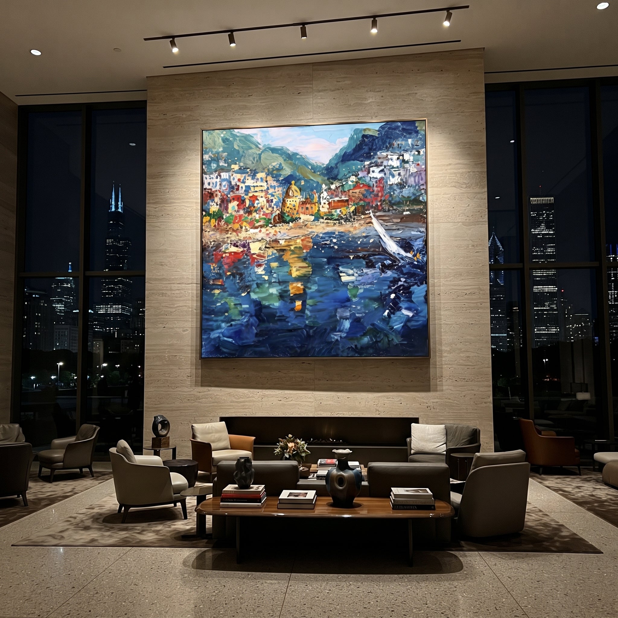 "Harbor Village Reflections Coastal with Sailboats Painting" focuses on atmosphere, surface movement, and sculptural heavy impasto craftsmanship rather than a fixed literal storyline. The composition uses this hand-painted Mediterranean canvas features colorful waterfront houses, moored boats, shimmering blue harbor reflections, pastel sky, built with raised palette-knife texture, layered brushwork, and luminous coastal color as the visual anchor, while layered palette-knife paint, raised