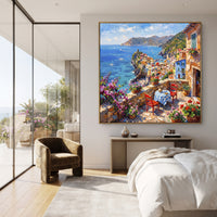 "White Stucco Terrace Painting" focuses on atmosphere, surface movement, and sculptural heavy impasto craftsmanship rather than a fixed literal storyline. The composition uses this hand-painted Mediterranean canvas features white stucco terrace, blue doors, potted blooms, open view toward the Mediterranean, built with raised palette-knife texture, layered brushwork, and luminous coastal color as the visual anchor, while layered palette-knife paint, raised plaster-like texture, and softened brush