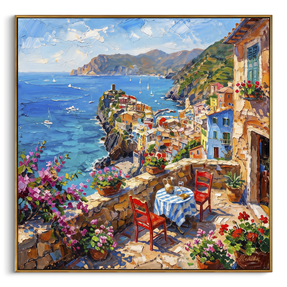 "White Stucco Terrace Painting" focuses on atmosphere, surface movement, and sculptural heavy impasto craftsmanship rather than a fixed literal storyline. The composition uses this hand-painted Mediterranean canvas features white stucco terrace, blue doors, potted blooms, open view toward the Mediterranean, built with raised palette-knife texture, layered brushwork, and luminous coastal color as the visual anchor, while layered palette-knife paint, raised plaster-like texture, and softened brush