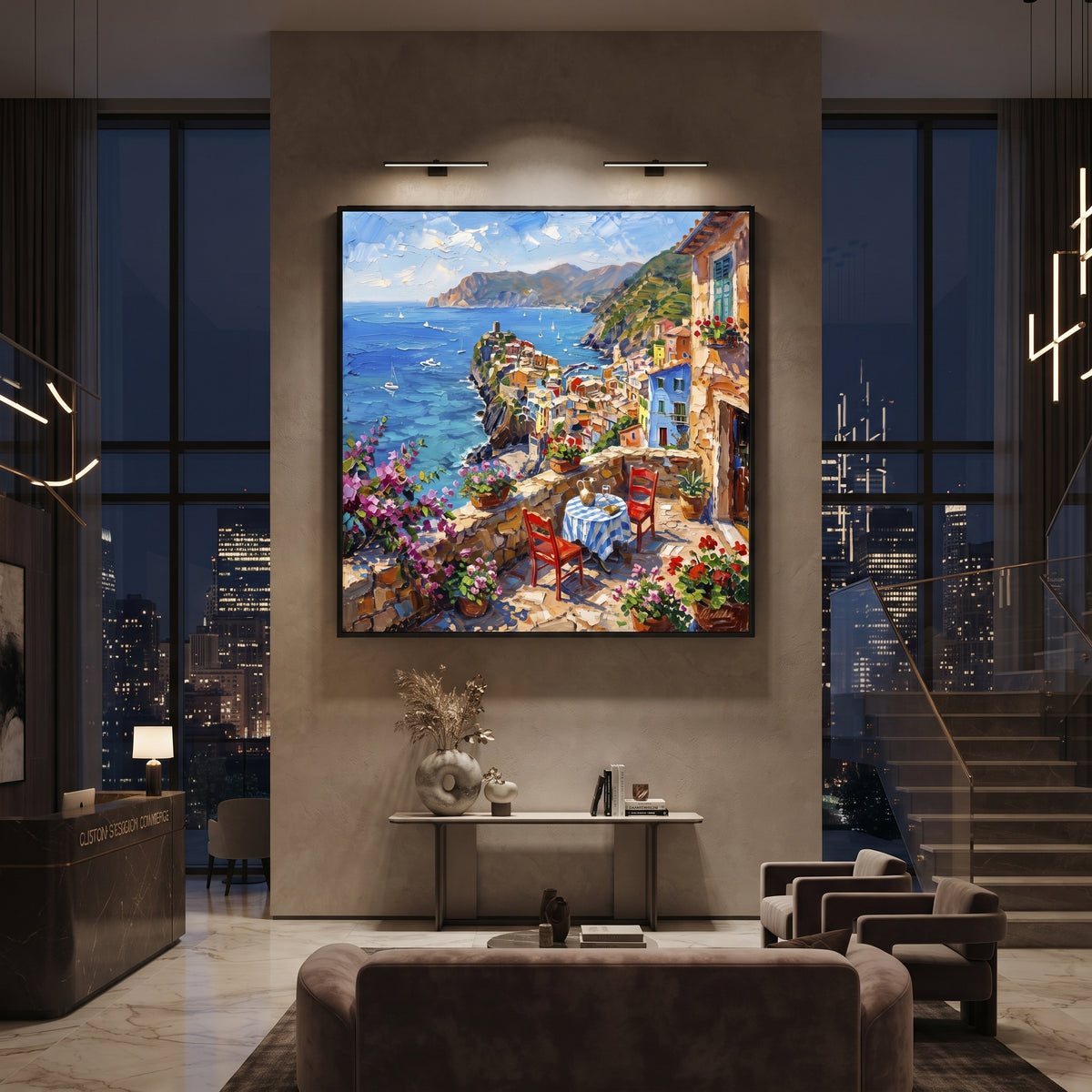 "White Stucco Terrace Painting" focuses on atmosphere, surface movement, and sculptural heavy impasto craftsmanship rather than a fixed literal storyline. The composition uses this hand-painted Mediterranean canvas features white stucco terrace, blue doors, potted blooms, open view toward the Mediterranean, built with raised palette-knife texture, layered brushwork, and luminous coastal color as the visual anchor, while layered palette-knife paint, raised plaster-like texture, and softened brush
