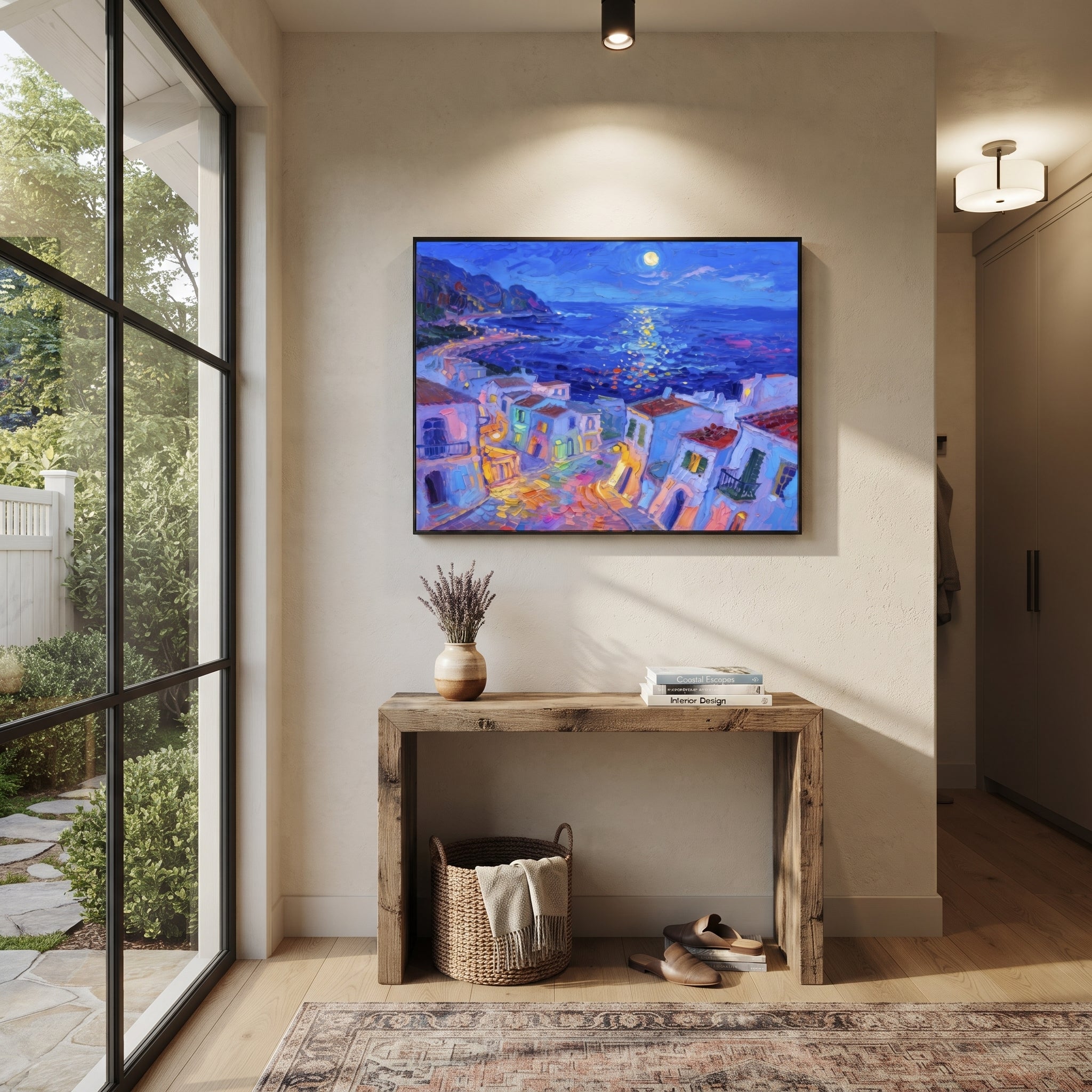 "Moonlit Mediterranean Coast Painting" focuses on atmosphere, surface movement, and sculptural heavy impasto craftsmanship rather than a fixed literal storyline. The composition uses this hand-painted Mediterranean canvas features night blue shoreline, glowing moon on water, quiet village lights and violet shadows, built with raised palette-knife texture, layered brushwork, and luminous coastal color as the visual anchor, while layered palette-knife paint, raised plaster-like texture, and