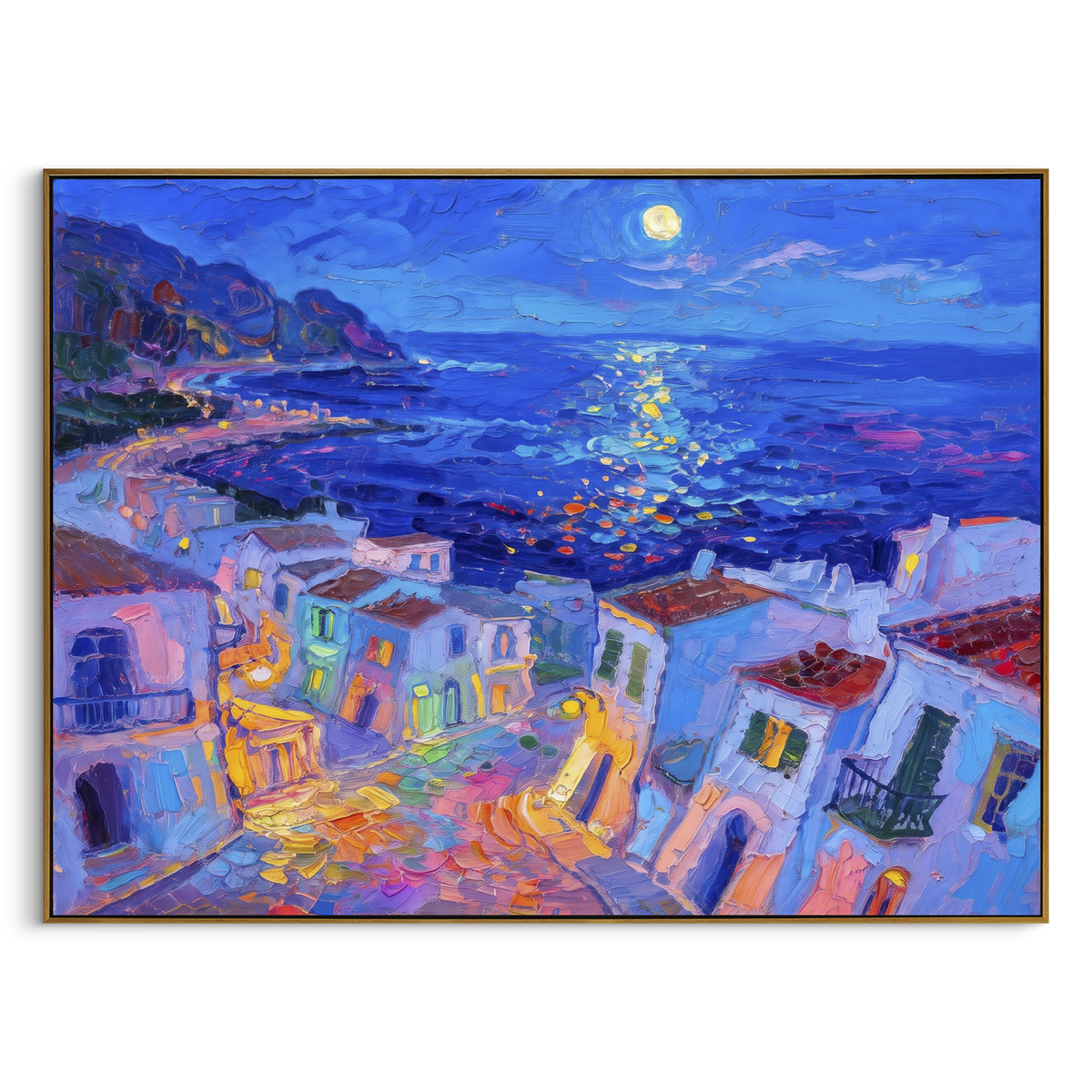 "Moonlit Mediterranean Coast Painting" - Modern Heavy Impasto Coastal Landscape | Blue & Purple Palette Knife Painting | Luxury Horizontal Wall Art #PT 1651