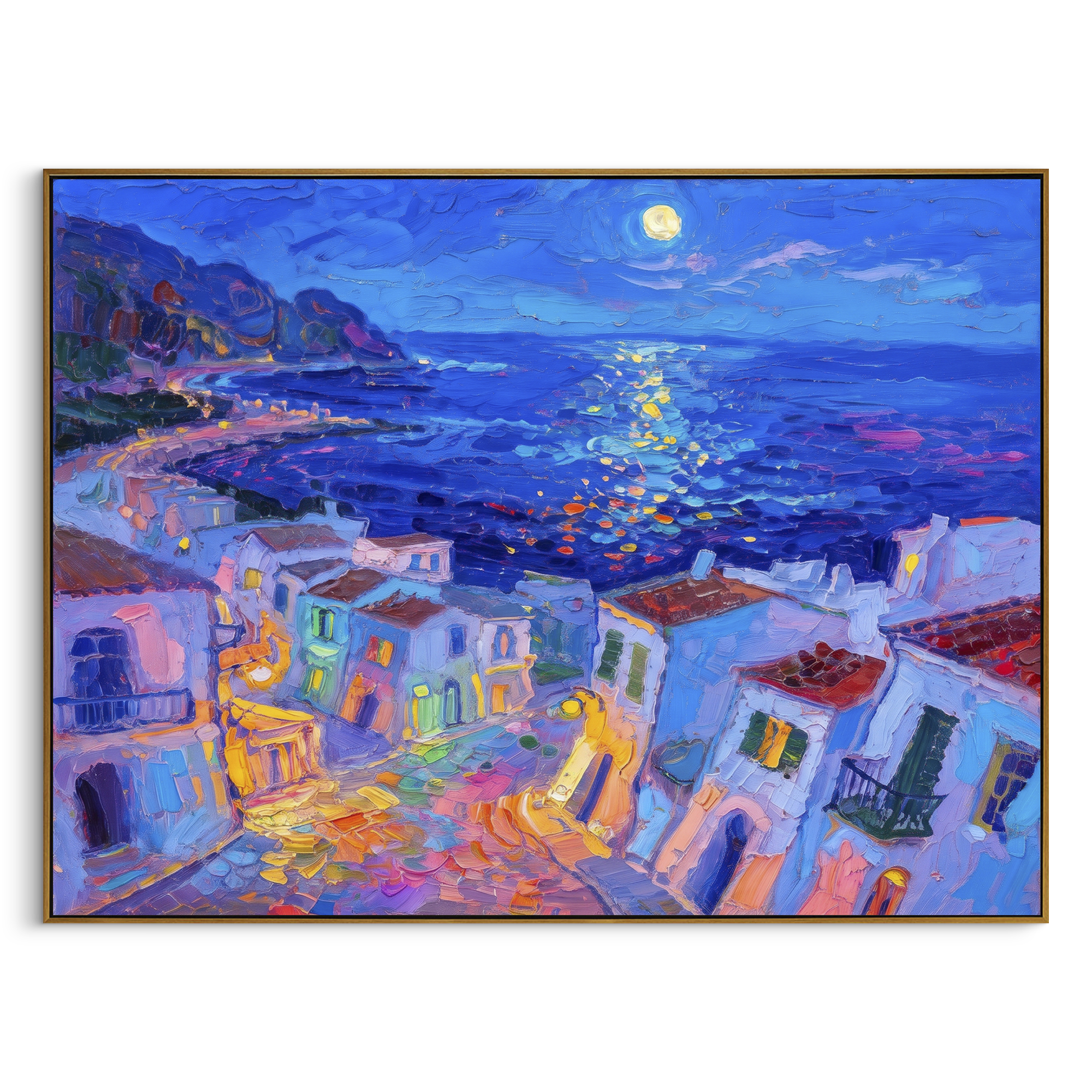 "Moonlit Mediterranean Coast Painting" focuses on atmosphere, surface movement, and sculptural heavy impasto craftsmanship rather than a fixed literal storyline. The composition uses this hand-painted Mediterranean canvas features night blue shoreline, glowing moon on water, quiet village lights and violet shadows, built with raised palette-knife texture, layered brushwork, and luminous coastal color as the visual anchor, while layered palette-knife paint, raised plaster-like texture, and