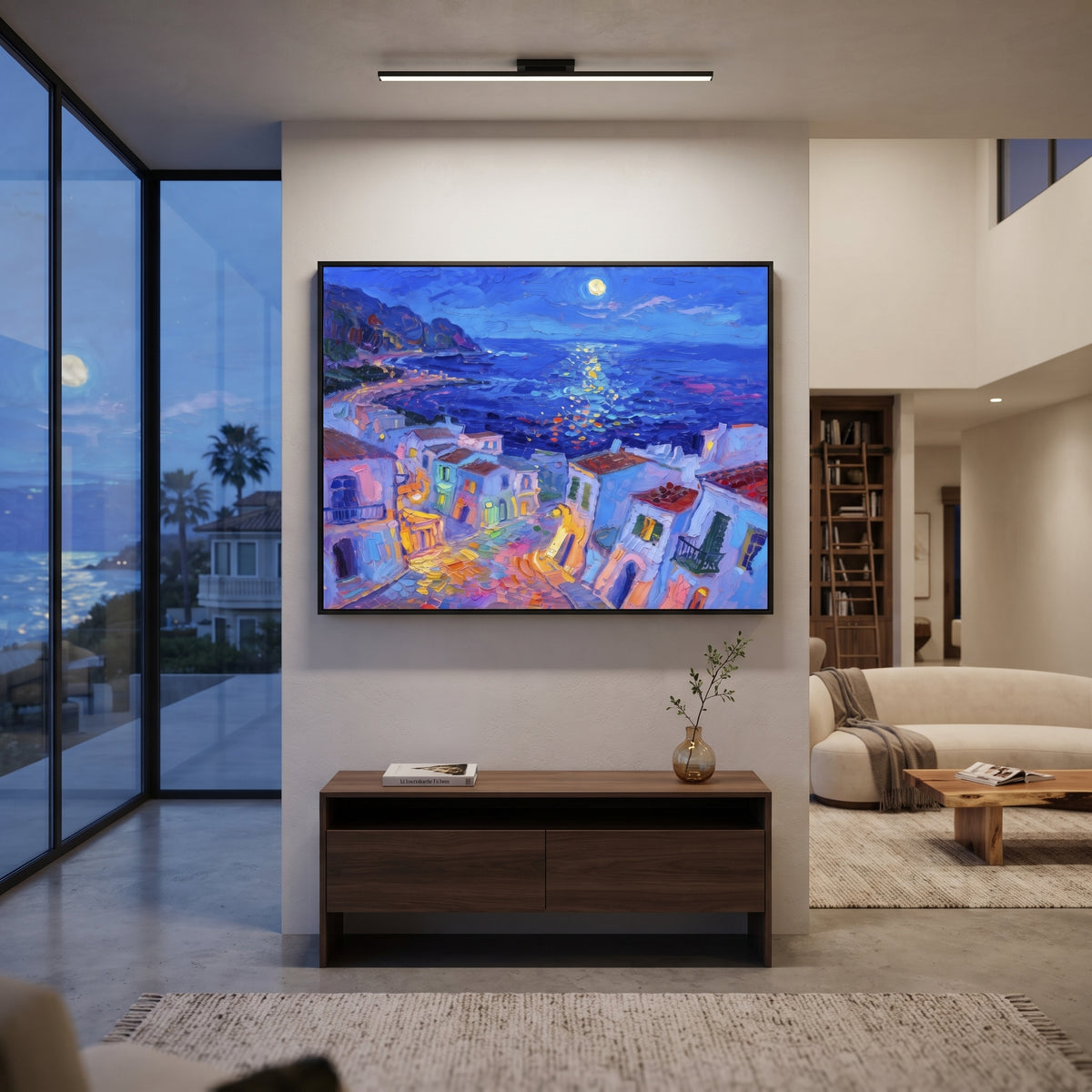 "Moonlit Mediterranean Coast Painting" focuses on atmosphere, surface movement, and sculptural heavy impasto craftsmanship rather than a fixed literal storyline. The composition uses this hand-painted Mediterranean canvas features night blue shoreline, glowing moon on water, quiet village lights and violet shadows, built with raised palette-knife texture, layered brushwork, and luminous coastal color as the visual anchor, while layered palette-knife paint, raised plaster-like texture, and