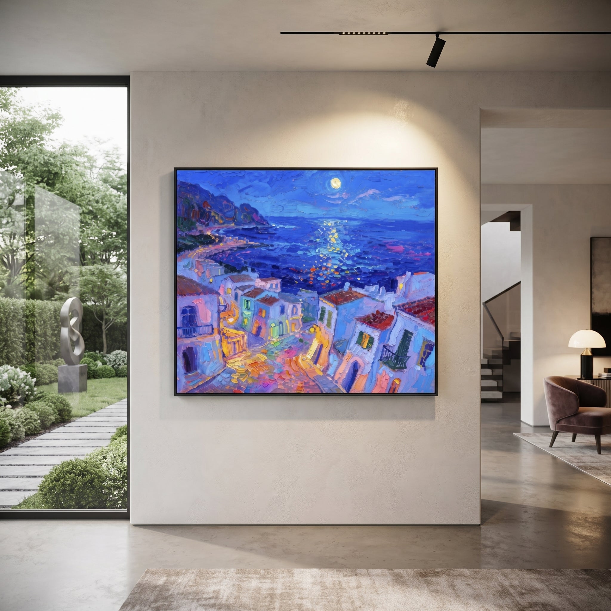 "Moonlit Mediterranean Coast Painting" focuses on atmosphere, surface movement, and sculptural heavy impasto craftsmanship rather than a fixed literal storyline. The composition uses this hand-painted Mediterranean canvas features night blue shoreline, glowing moon on water, quiet village lights and violet shadows, built with raised palette-knife texture, layered brushwork, and luminous coastal color as the visual anchor, while layered palette-knife paint, raised plaster-like texture, and