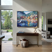"Sailing Coast Garden Coastal with Blue Shutters Painting" focuses on atmosphere, surface movement, and sculptural heavy impasto craftsmanship rather than a fixed literal storyline. The composition uses this hand-painted Mediterranean canvas features sailboats on a blue bay, flowering terrace, coastal town and luminous summer sky, built with raised palette-knife texture, layered brushwork, and luminous coastal color as the visual anchor, while layered palette-knife paint, raised plaster-like